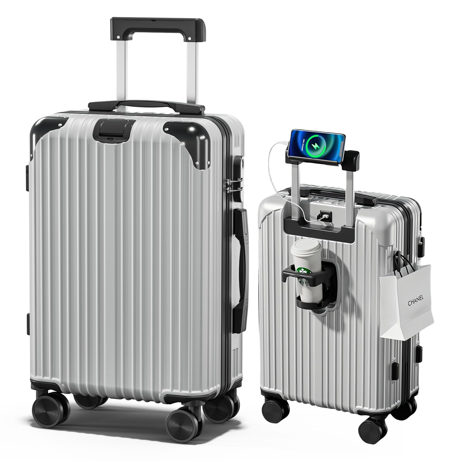 [SupTrip] スーツケース 機内持ち込み キャリーケース USBポート付き キャリーバッグ カップホルダー付き 隠しフック機能 多機能 大型 超軽量 静音 ダブルキャスター 耐衝撃 360度回転 軽量 ビジネス 修学 泊まる 旅行 出張 (シルバー, Sサイズ/機内持込（1-3泊）)