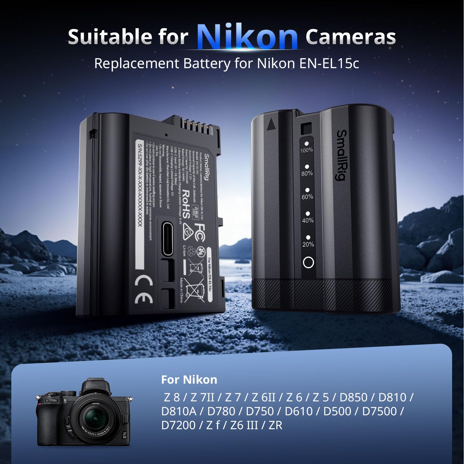 SMALLRIG EN-EL15c Camera Battery for Nikon, 2520mAh USB-C Battery with LED Indicator, 2.5H Fast Charge, Fully Decoded for Nikon ZR, Z6III, Zf, Z8, Z7II, Z7, Z6II, Z6, D850, D810, D780, D750, D500-5299