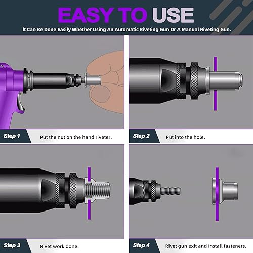 Miniatura 5 de Swpeet Kit de tuercas remachadoras métricas de 7 tamaños, 180 piezas, M3 M4 M5 M6 M8 M10 M12, tuerca remachadora de acero al carbono chapado en zinc