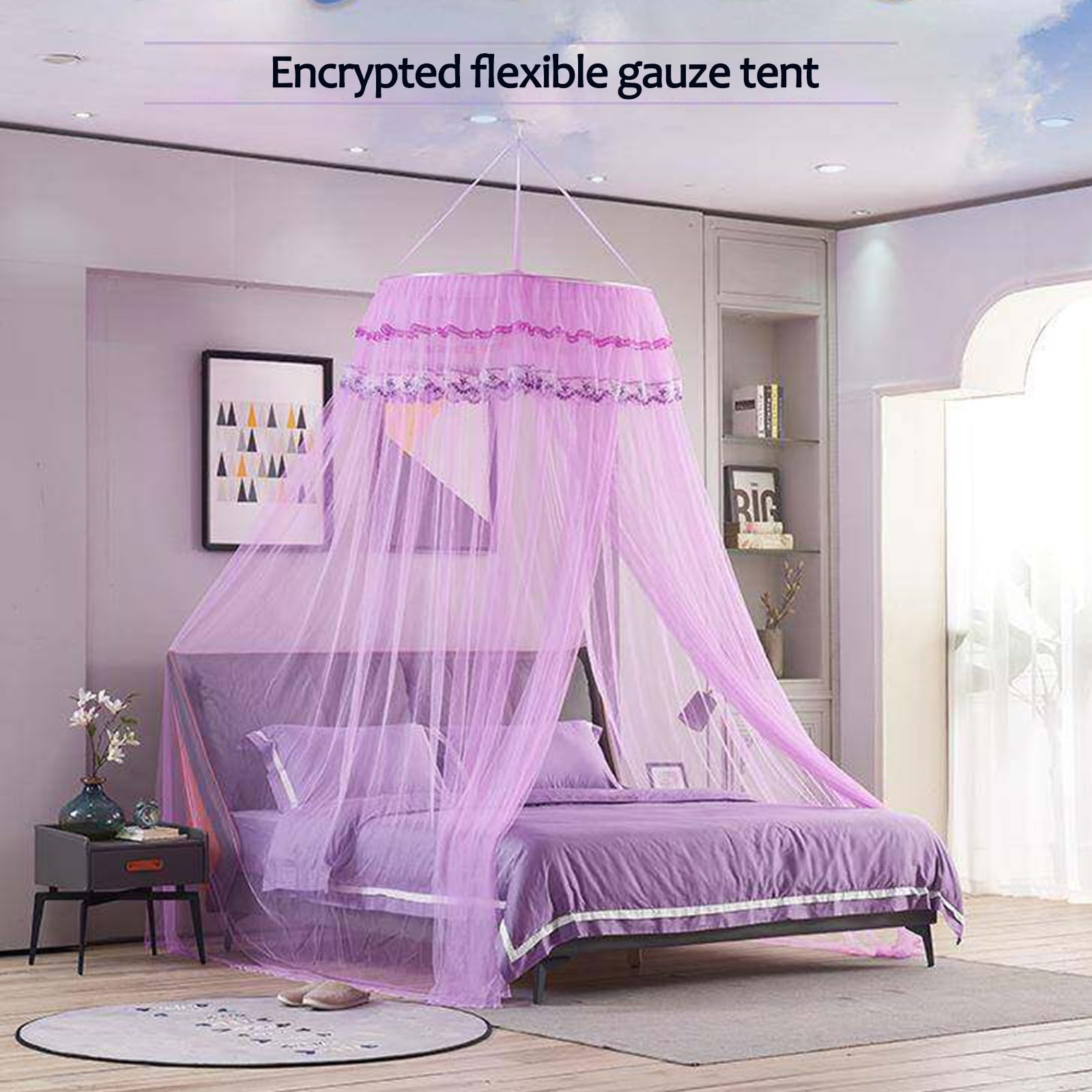 SARKEY Transparenter Netz Kuppel Bettvorhang,Prinzessinnen Betthimmel,Elegante Moskitonetz Bettvorhänge,Hängende Bettnetzabdeckung Für Schlafzimmer,Erwachsene,Hochzeit Dekoration(Purple)