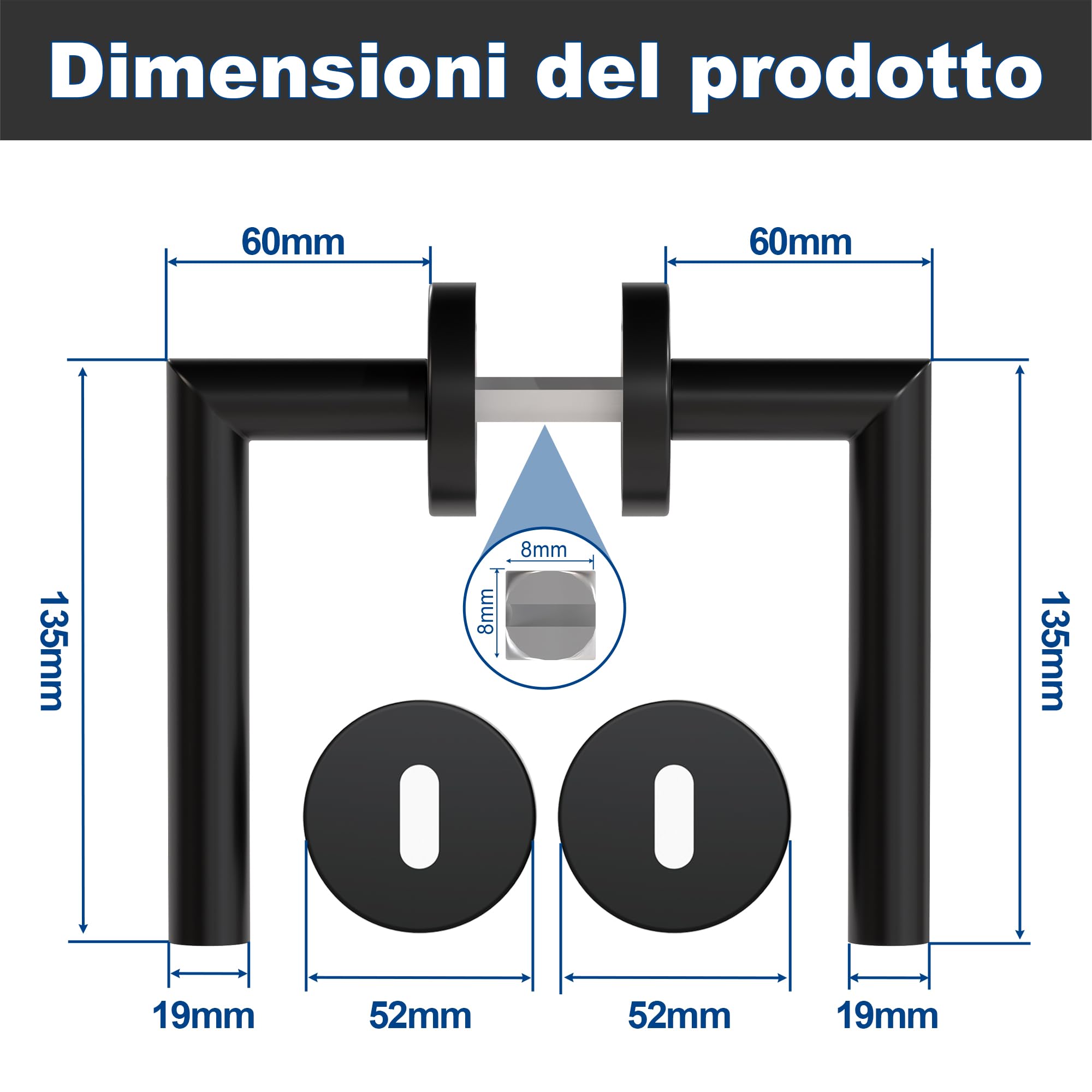 Maniglie per Porta Interne 4 Pezzi, Maniglia per Porta in Acciaio Inox con Rosetta Arrotondata Ø 52 mm, Nero Opaco, Forma di L, BB-Chiave a Profilo Tondo