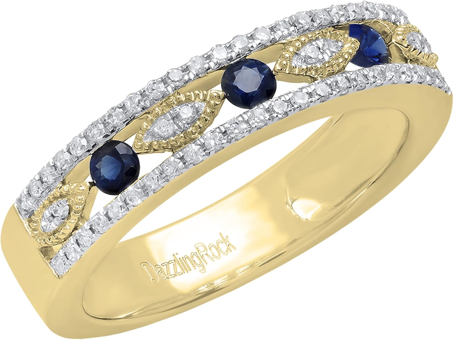 Dazzlingrock Collection 2.5mm Round Gemstone & White Diamond Marquise Miligrain Stackable Wedding Band for Women in Gold