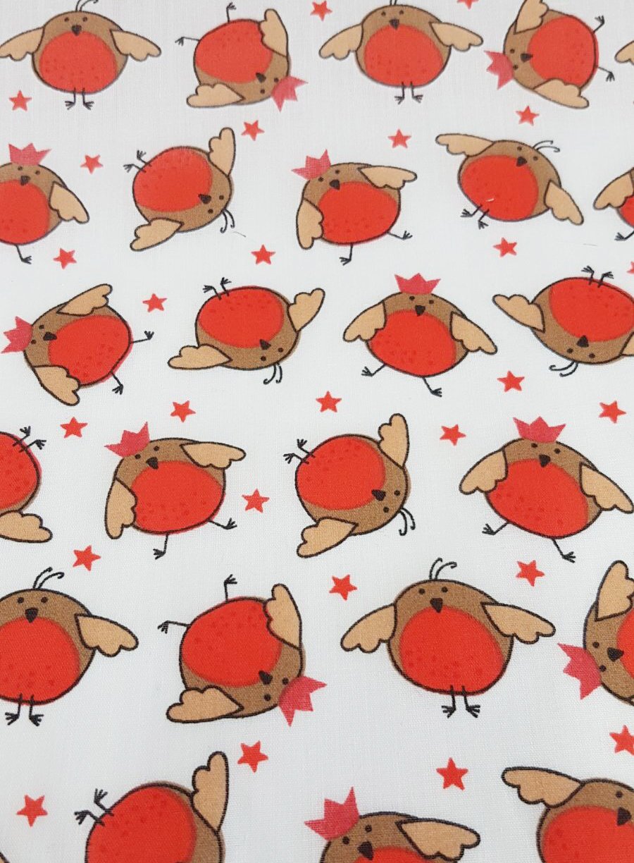 Oddies Textile Polycotton Fabric - Christmas Cheer Robins - Fabric Craft Material Metre