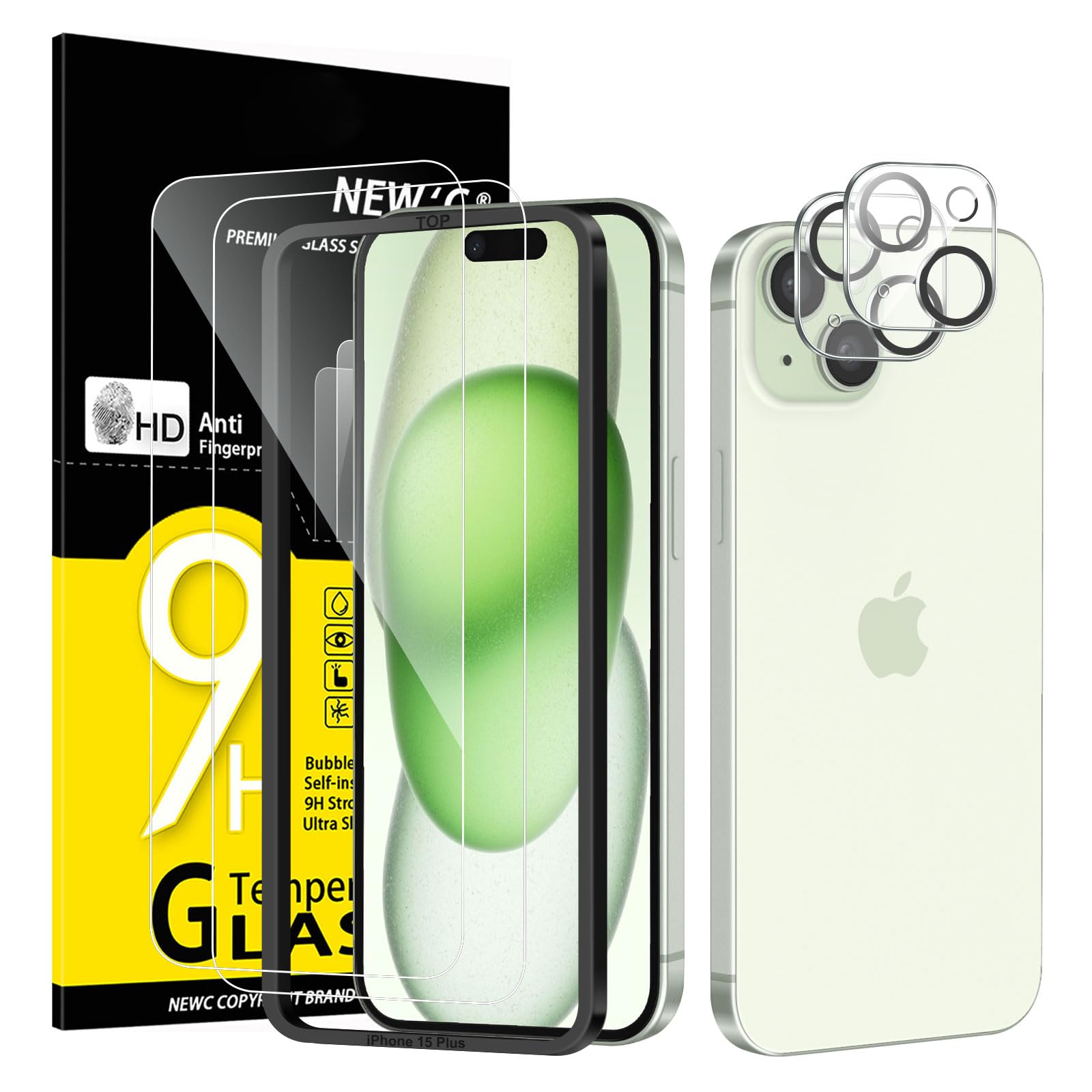 NEW'C 4 Pack, 2 x Protector Pantalla para iPhone 15 Plus (6,7") y 2 x Protector Pantalla Protector de Lente de Cámara - Cristal Templado - Libre de Burbujas - Ultra Resistente - Cristal Dureza 9H Global Recycled Standard Global Recycled Standard Global Recycled Standard