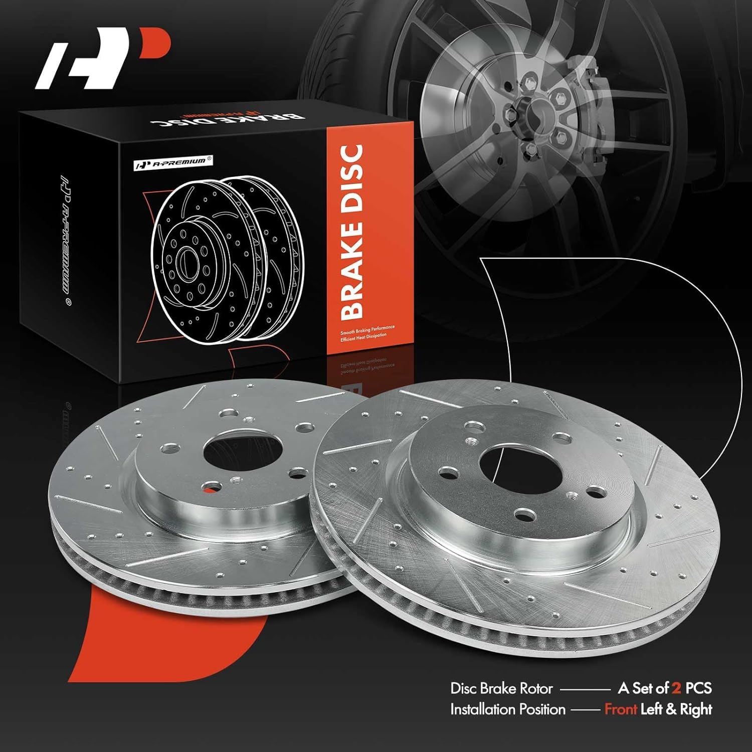 A-Premium 12.01 inch (305mm) Front Drilled and Slotted Disc Brake Rotors Compatible with Select Toyota and Lexus Models - Camry, Corolla Cross, Avalon, Venza, C-HR, ES250, ES350, 2-PC Set