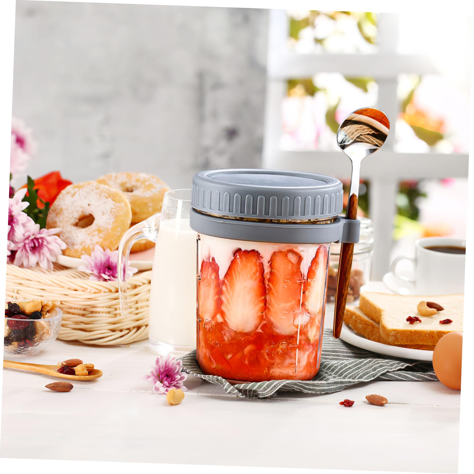 ULTECHNOVO Vorratsdose Glas mit Holzdeckel 4 Stück 400ml Auslaufsicher mit Löffel für Overnight Oats Küche und Büro