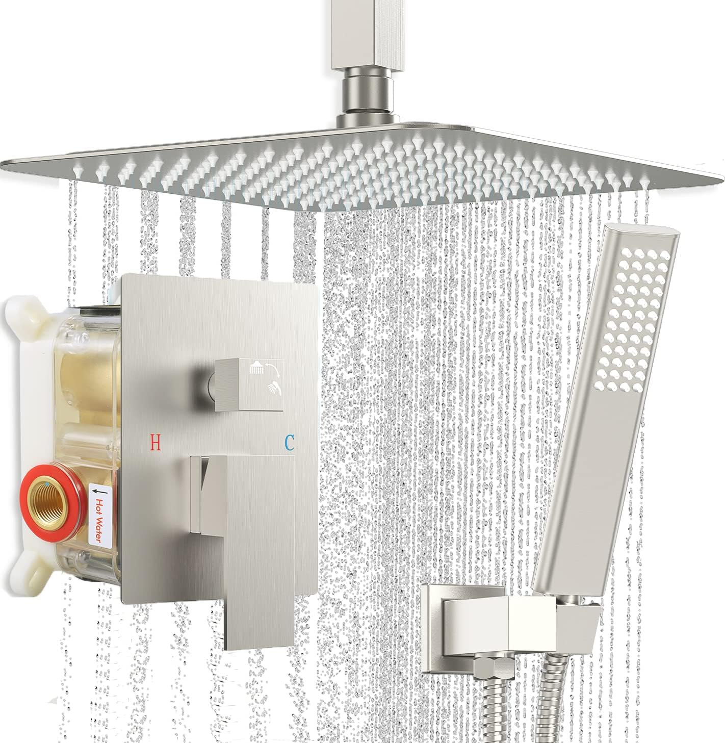 EMBATHER Shower SystemBrushed Nickel Ceiling Shower Faucet Sets with 12 Inches Square Rain