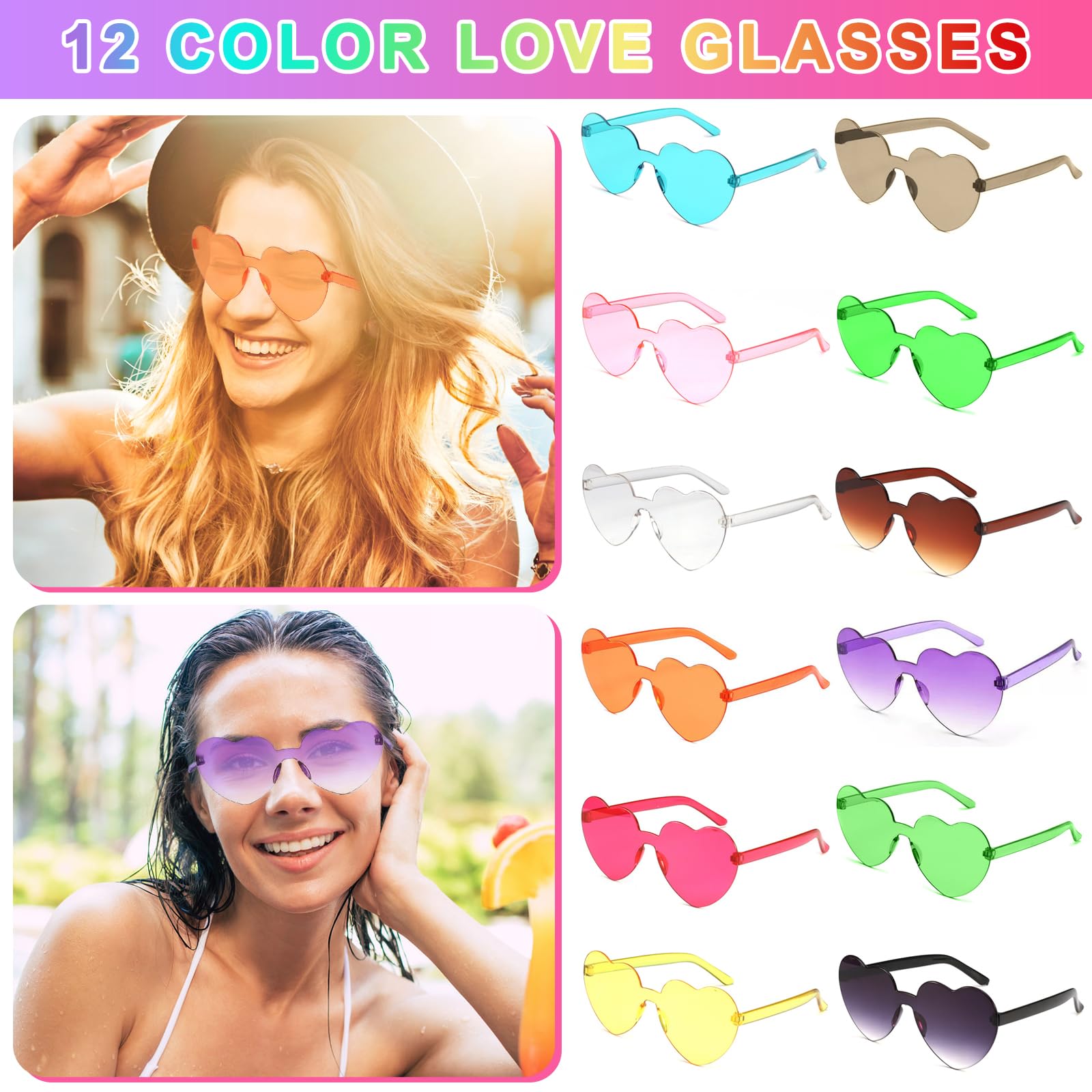 24 Paia Occhiali da Sole a Cuore,Occhiali da sole senza montatura cuore/stella,Occhiali da Sole Colorati per Festival Accessori,Carnevale, Feste di Compleanno,per Bambini e Adulti