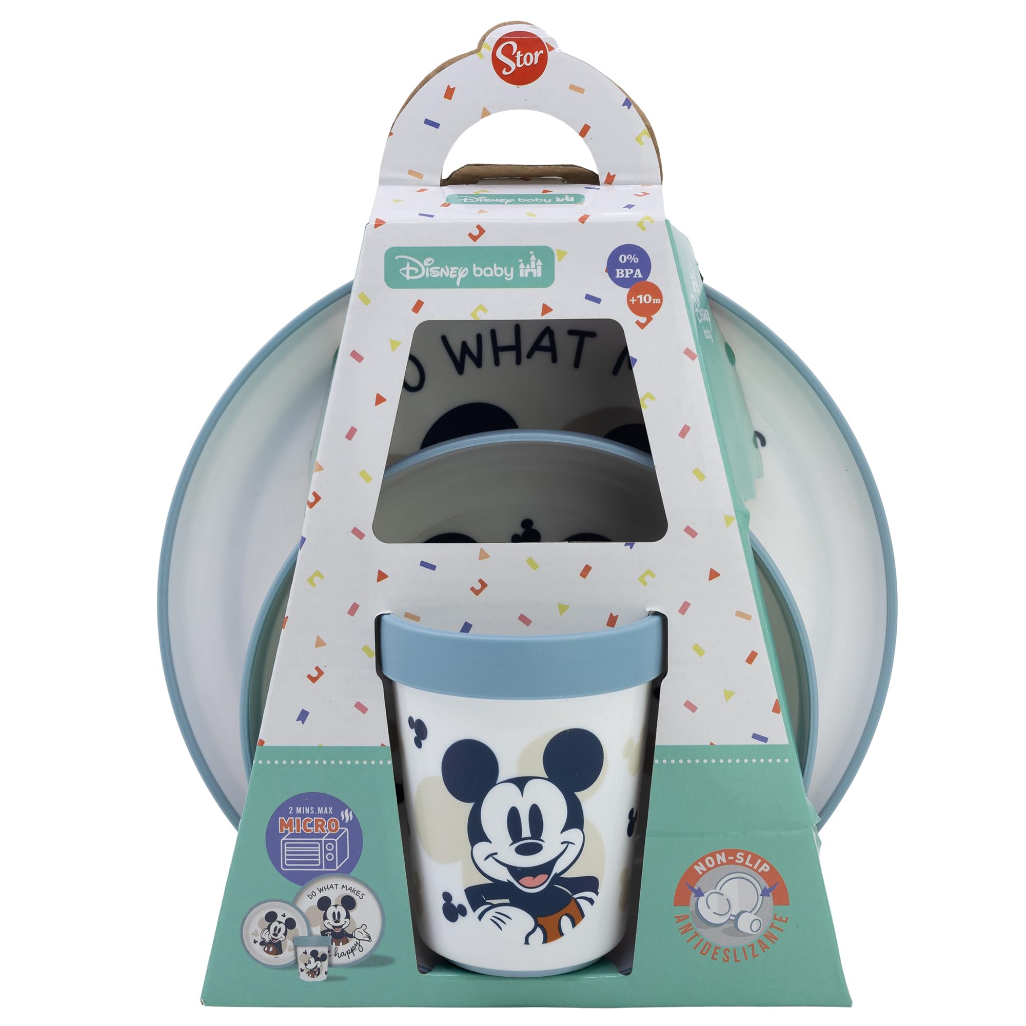 STOR Vaisselle Bébé Antidérapante Mickey Mouse - Set 3 Pièces Assiette Bol Gobelet 260ml - Plastique sans BPA Micro-ondes - Disney Baby