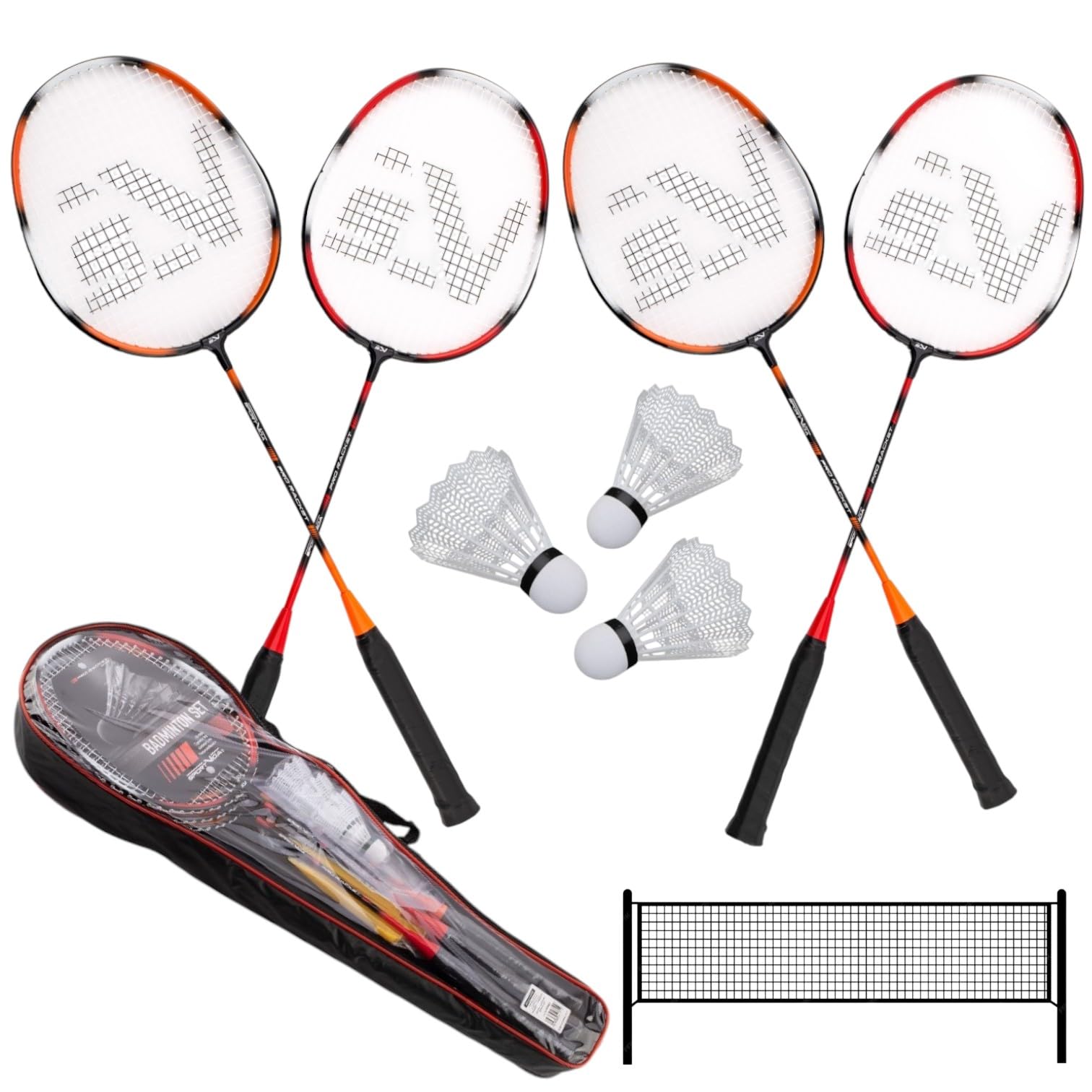 SportVida Badminton Set 2-4 Spieler, Badmintonset für die Familie zum Spielen und Trainieren (4 Spieler (Mit mesh))