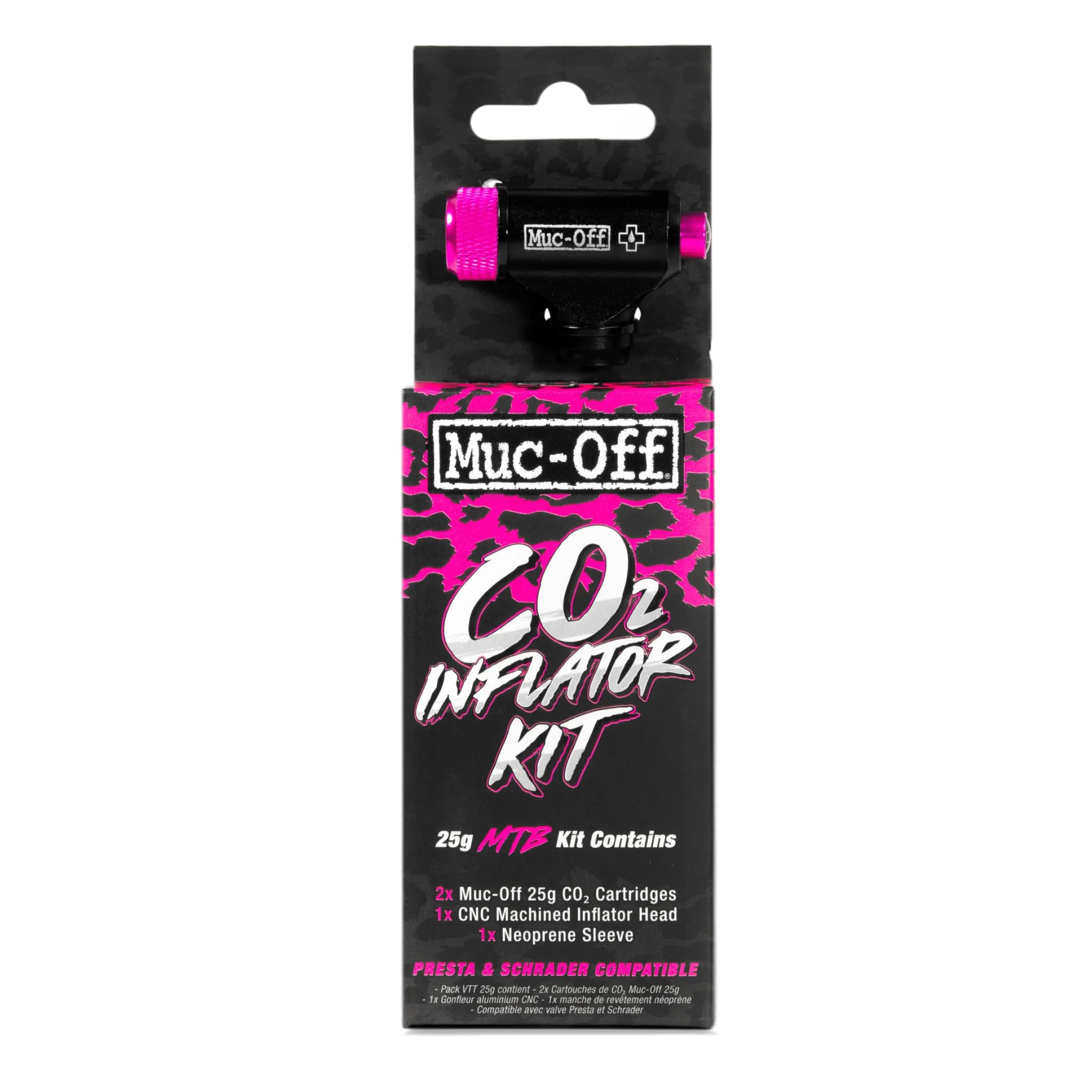 Muc-Off Inflator Kit - CO2 Puncture Repair Kit for Road Bikes - 2 Cartridges, CNC Inflator Head, Neoprene Sleeve - Fits Presta and Schrader Valves