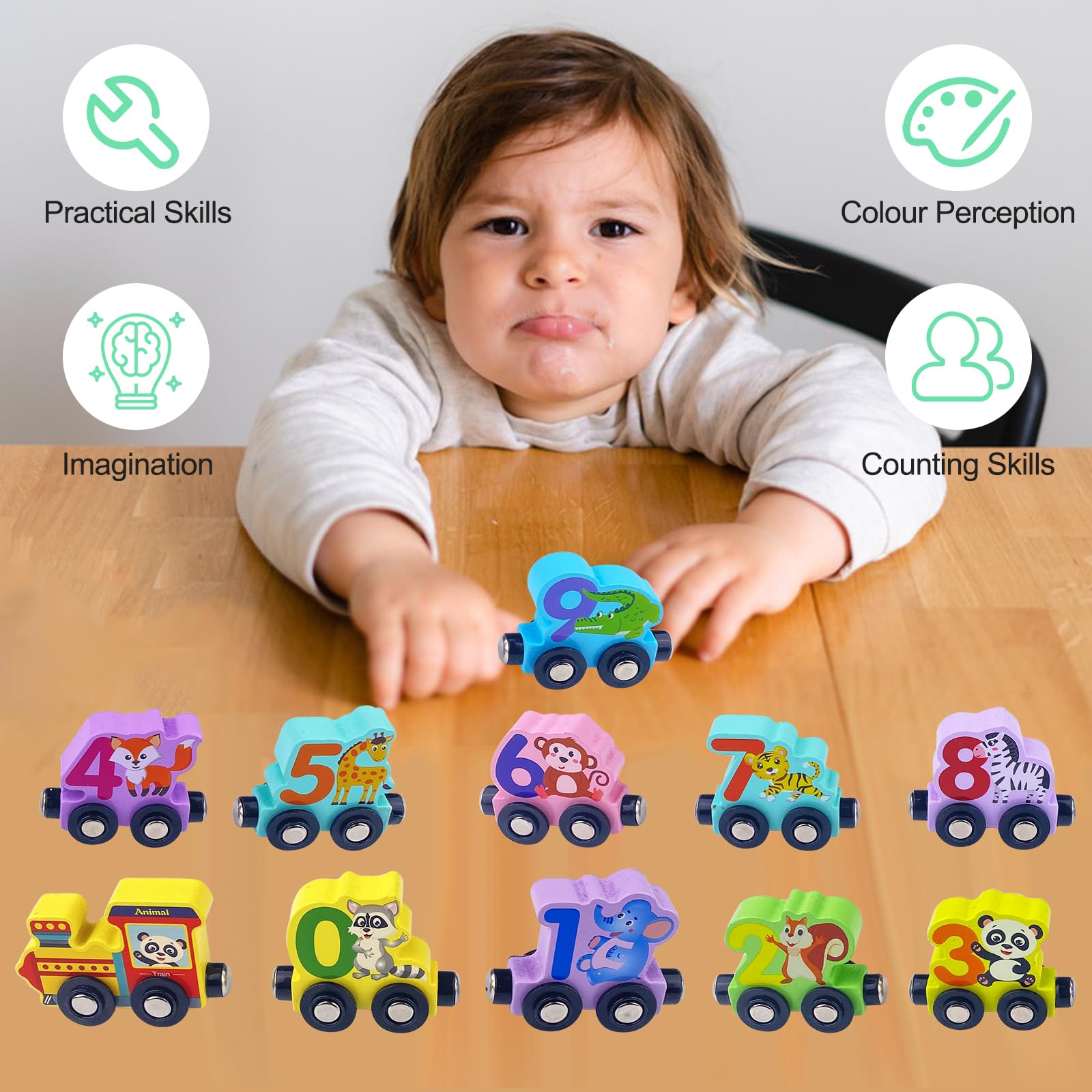Vanmor Ensemble de train en bois avec chiffres, jouets éducatifs assortis et magnétiques pour enfants de 3 à 5 ans, cadeau Montessori pour garçons et filles qui aiment les trains (dinosaure