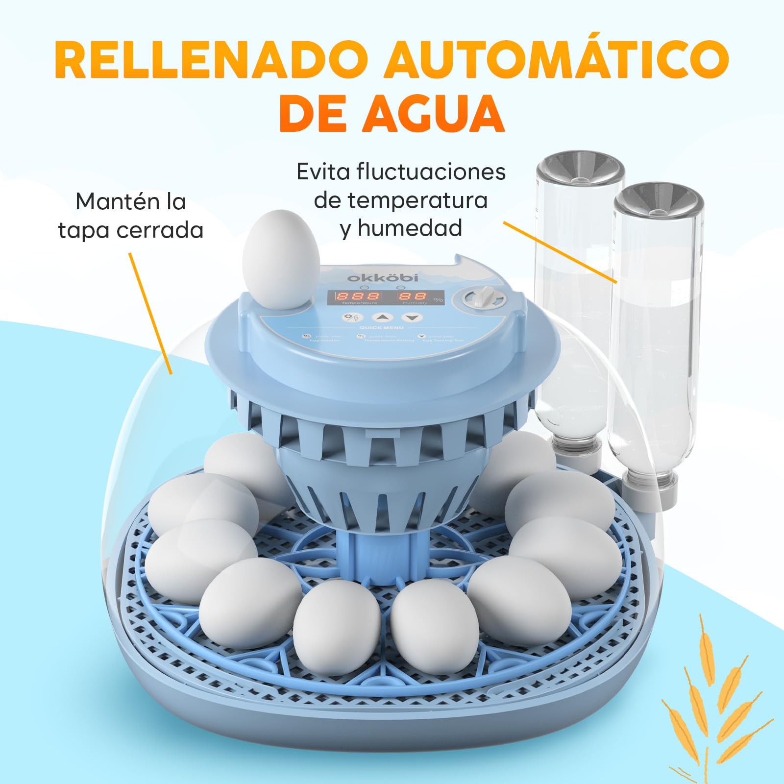 Incubadora de Huevos Automática 12 Huevos – Giro Automático, Control de Humedad, Luz para Revisar Huevos, Botellas de Agua, Ventilación, Vista 360°