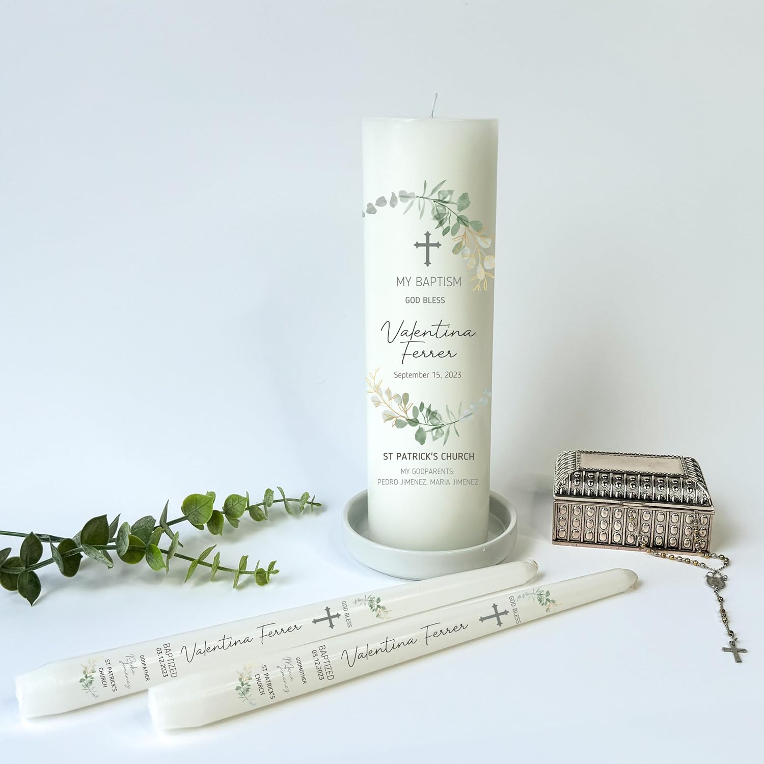 Baptism Candle Set, Set of 3, Personalized Pillar and Taper Candles, Unscented White Premium Wax, Great for Religious Celebration, Christening, Special Events or Gift (Zinnia)