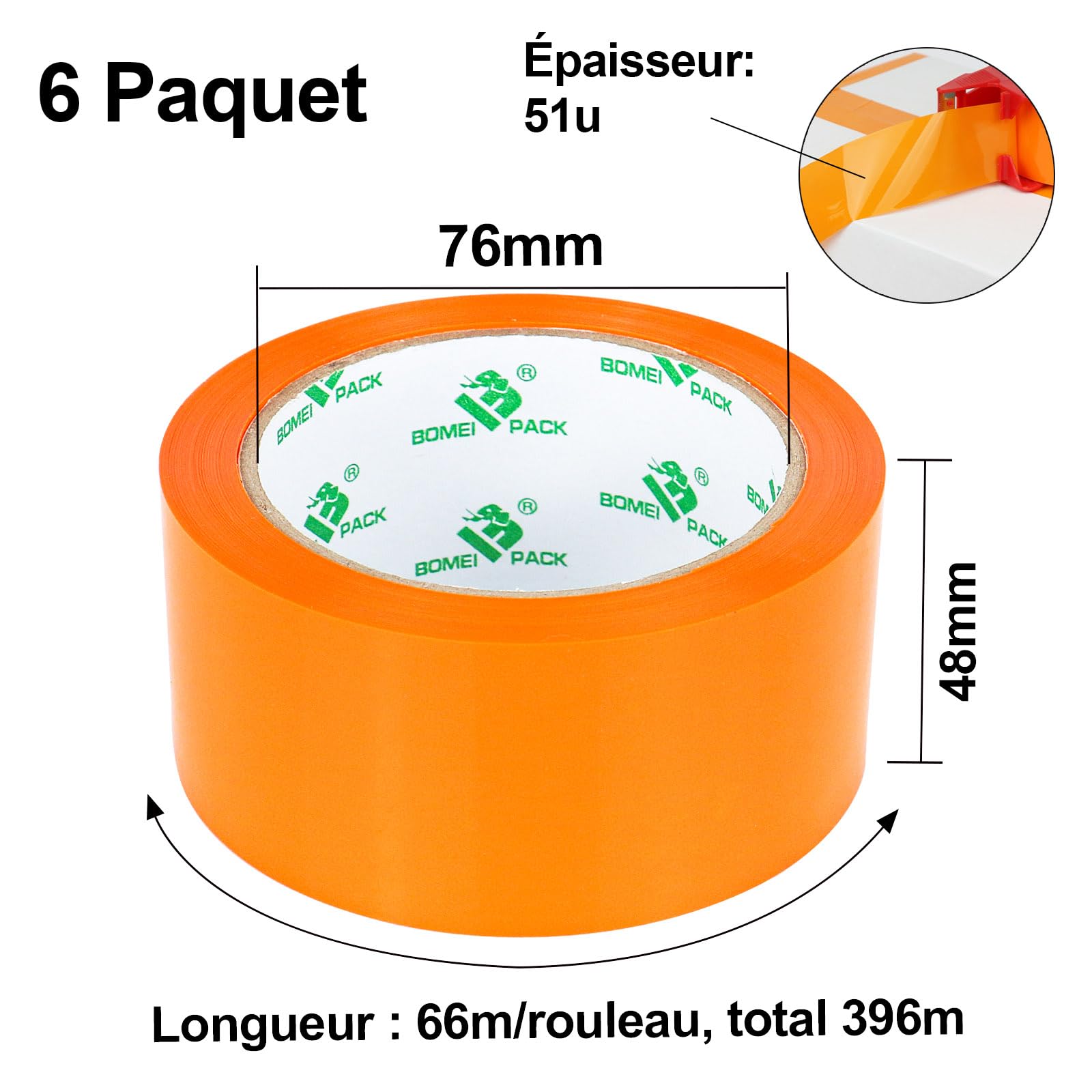 BOMEI PACK 6 rouleaux Ruban d’emballage 66m x 48mm pour emballage - avec dévidoir,impression adhésif fort pour colis, entrepôt, e-commerce (Orange)
