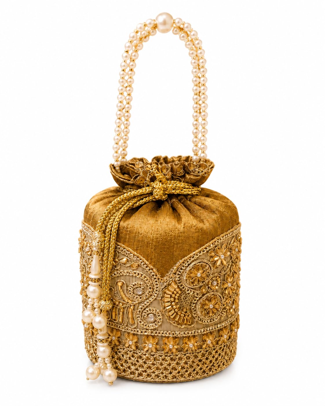 Golden Pearl Potli Bag with Embroidery and Pearl Handle-image-21