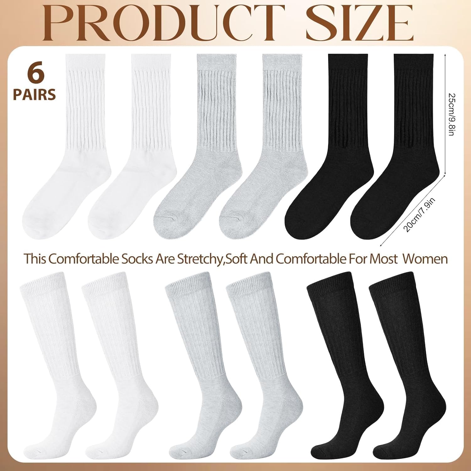 6 Pairs Slouch Socks for Women, 80s Retro Scrunch Socks, Soft Cotton Knit Mid Calf Trendy Crew Socks - Image 4