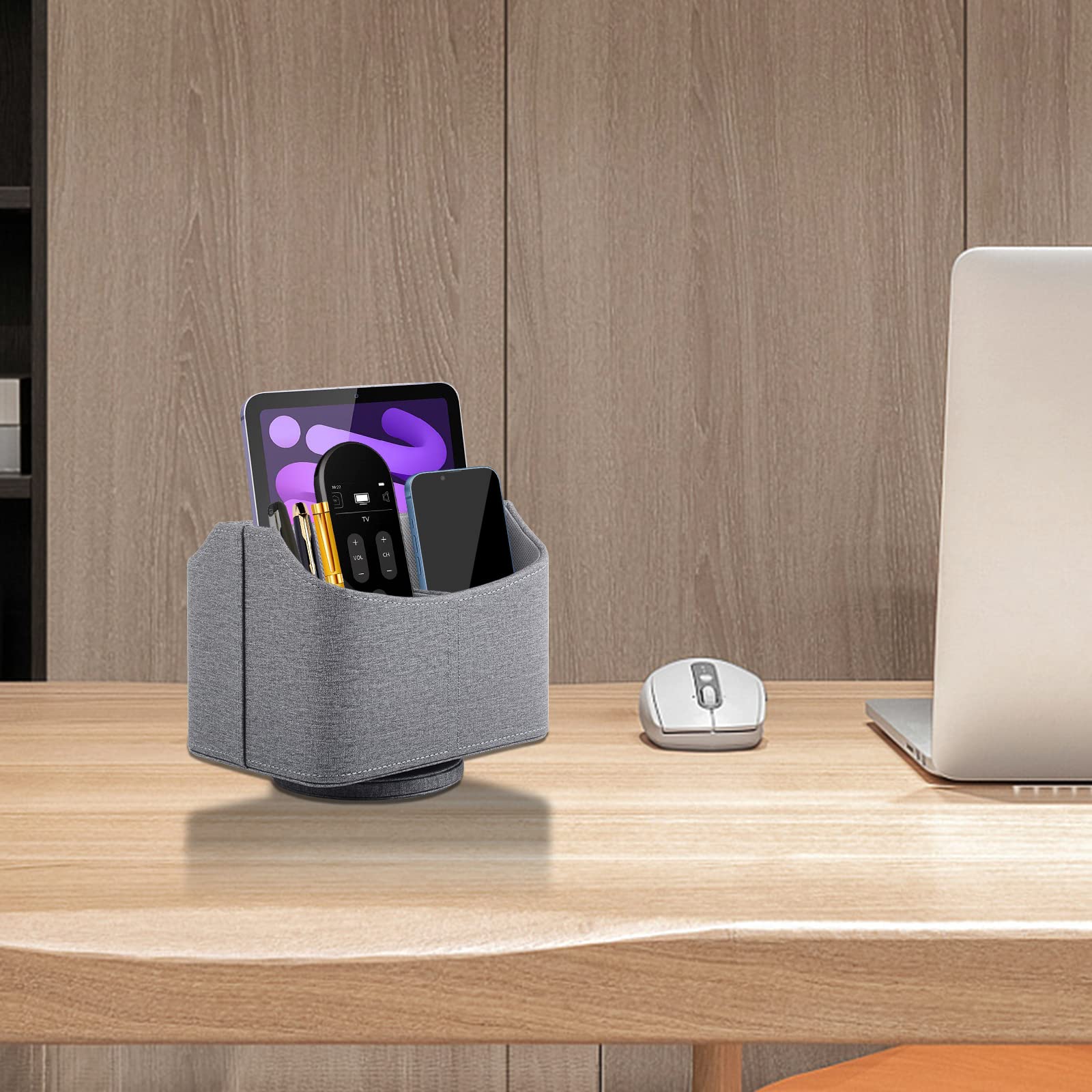 Organizzatore per telecomando girevole a 360°, contenitore per telecomando TV, organizer in pelle PU con 5 scomparti, multifunzione per comodino, scrivania, ufficio, portapenne, Grigio