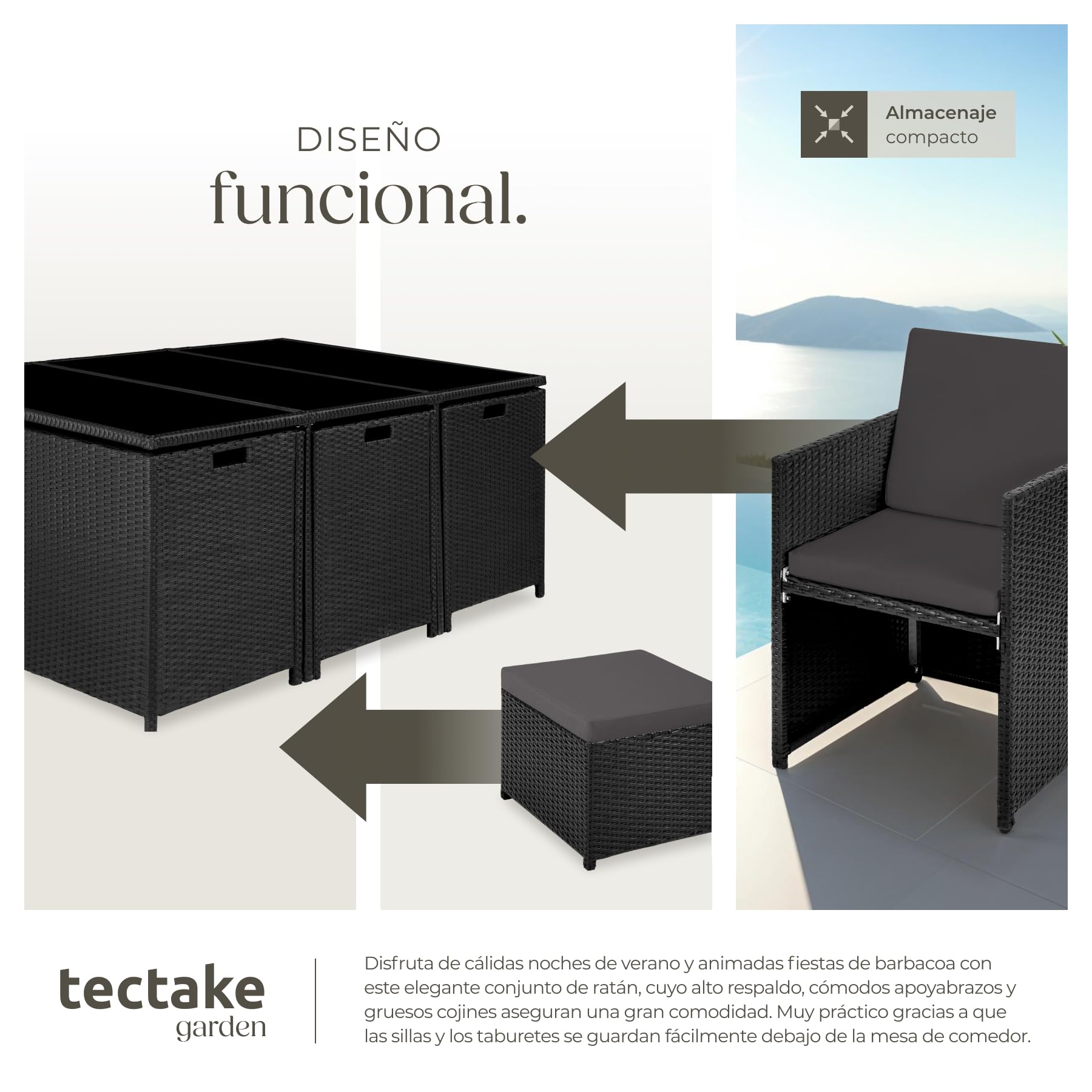 tectake® Conjunto Jardín Exterior de Ratán y Aluminio, Muebles Jardín Exterior Resistentes a la Intemperie, para hasta 10 Personas, con 2 Juegos de Fundas y Funda Protectora - Negro