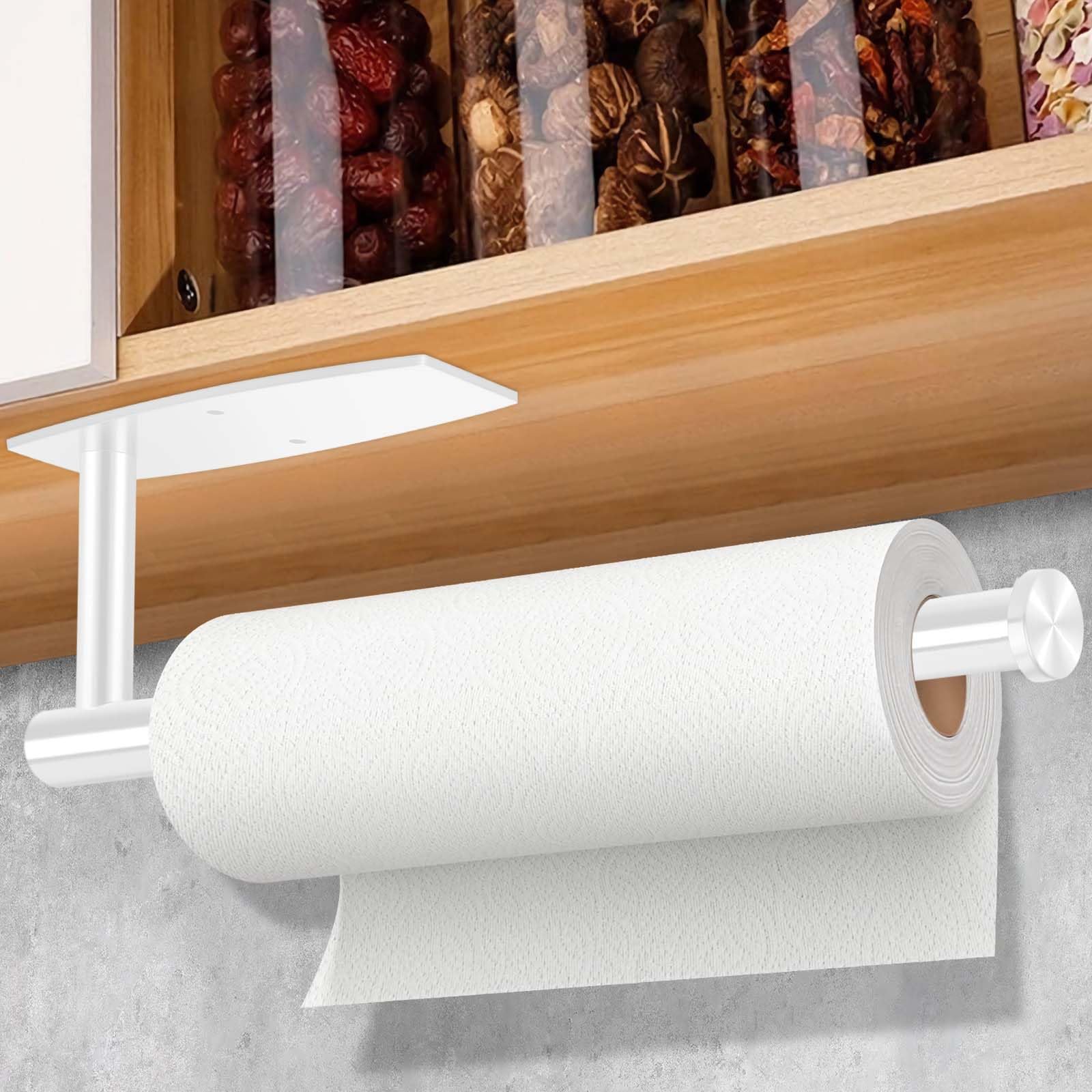 Fvviia White Paper Towel Roll Rack - Under Cabinet Stainless Steel Towel Holder - Self Adhesive or Drilled Mount - 200 lbs Max Weight