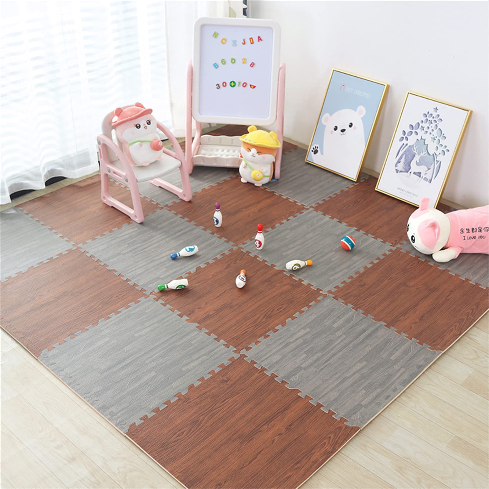 Tappetino in Schiuma Eva 24/32/36 PCS, Tappeto Puzzle Bambini Gioco di Effetto Legno,Soft E Antiscivolo Tappeto per Gattonare per Soggiorno Camera da Letto Vivaio,Brown+Gray,32pcs