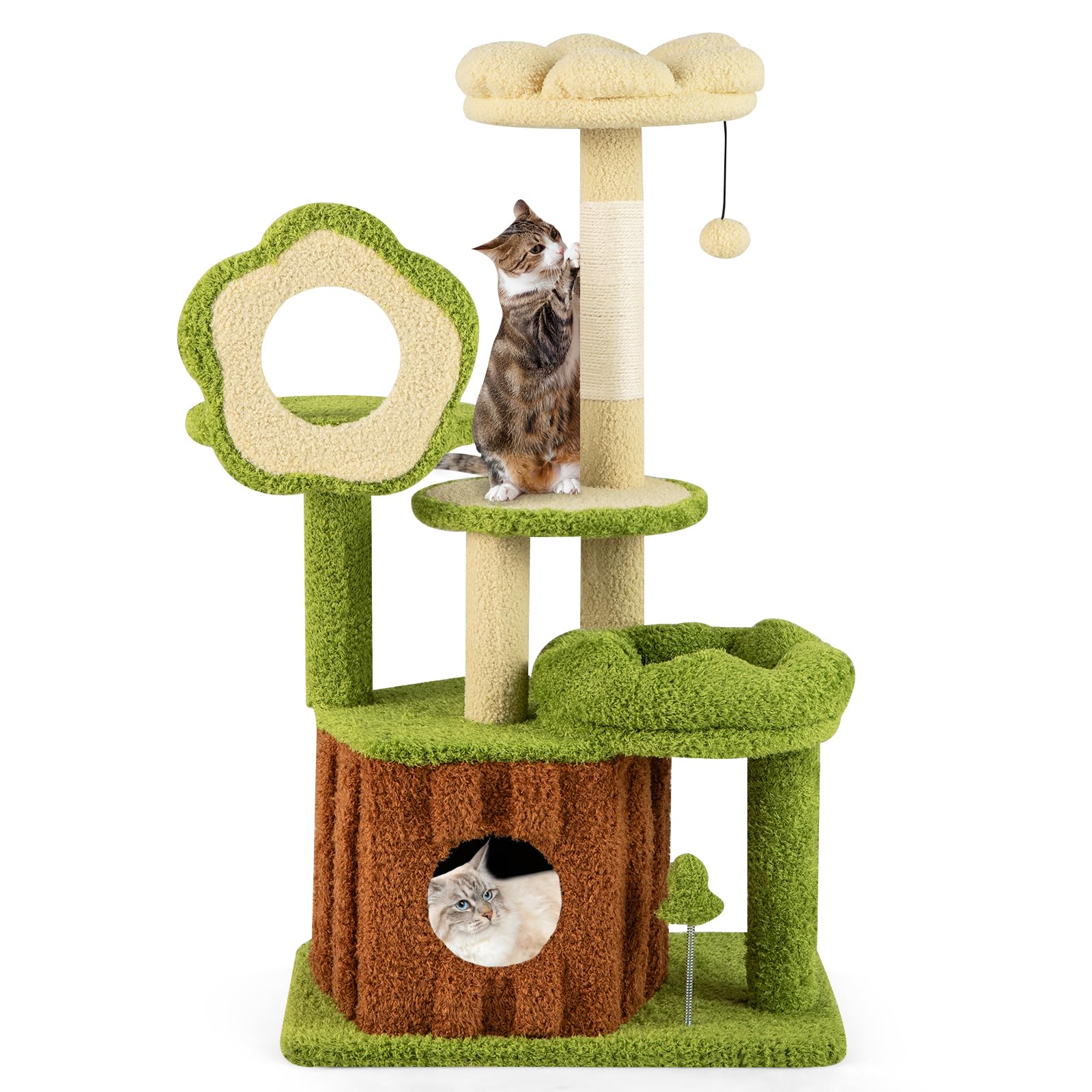 COSTWAY Cat Tree, Cat Climbing Tower with Trunk Condo, Flower Perch, Plush Napping Bed, Platforms, Scratching Post, Pompom & Spring Toy, Indoor Multi-Level Jungle Kitten Activity Center (100cm Tall)