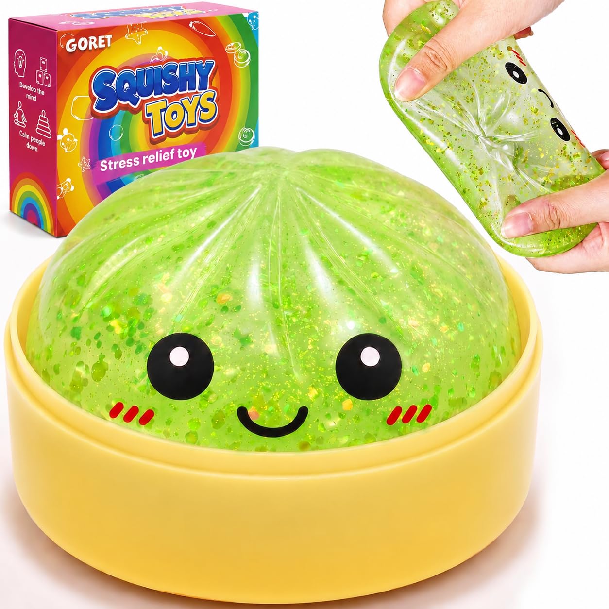 Glitter Green Squishy,Squishies Fidget Toy,Cute Anxiety Relief Items Designed to Stress Relieve for Adults,Christmas Stocking Stuffer and Stretch Desk Sensory Toys