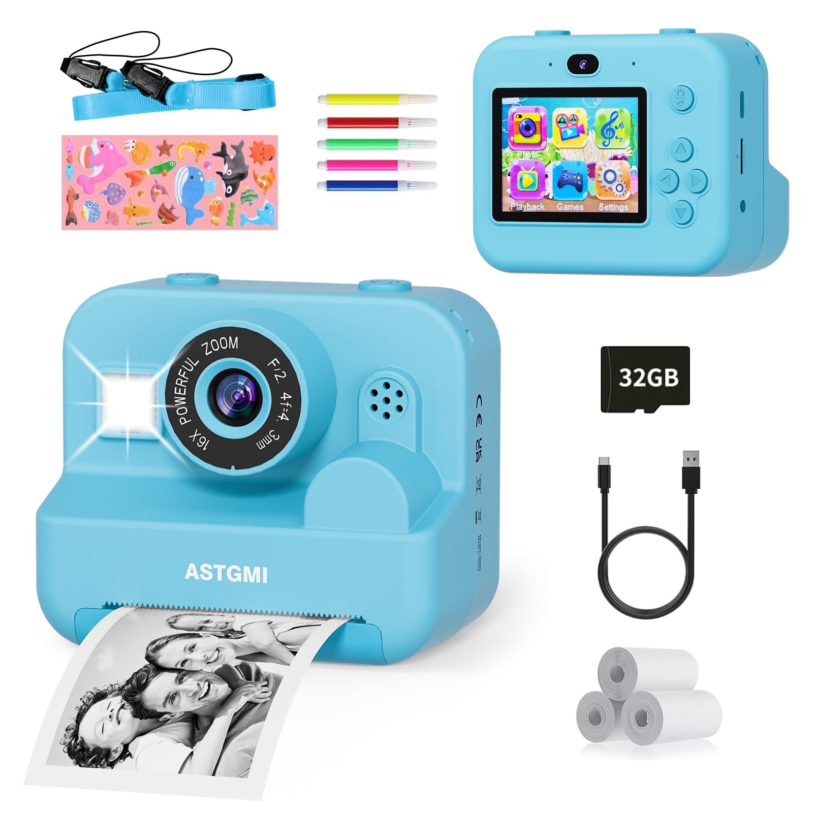 Camara de Fotos instantaneas,Selfi Camara instanea,1080P 2,4''HD Video Camara Fotos Infantil para niños con Tarjeta SD de 32GB,Regalos de Juguetes para niña de 3 a 12 años Cumpleaños Navidad(Azul