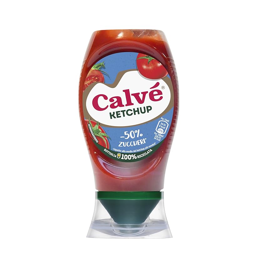 Calvé Ketchup Light, Formato 250 ml, Ketchup Light con Stevia*, Contiene il 50% in Meno di Zuccheri, Senza Glutine, Senza Conservanti e Senza Coloranti, Vegano