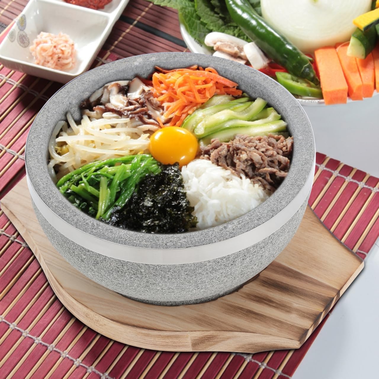 STOBAZA Tazón de piedra coreano con bandeja de madera 7.09X5.51X2.56 pulgadas para sopa Bibimbap plato de piedra de arroz para mantener caliente y servir en la cocina