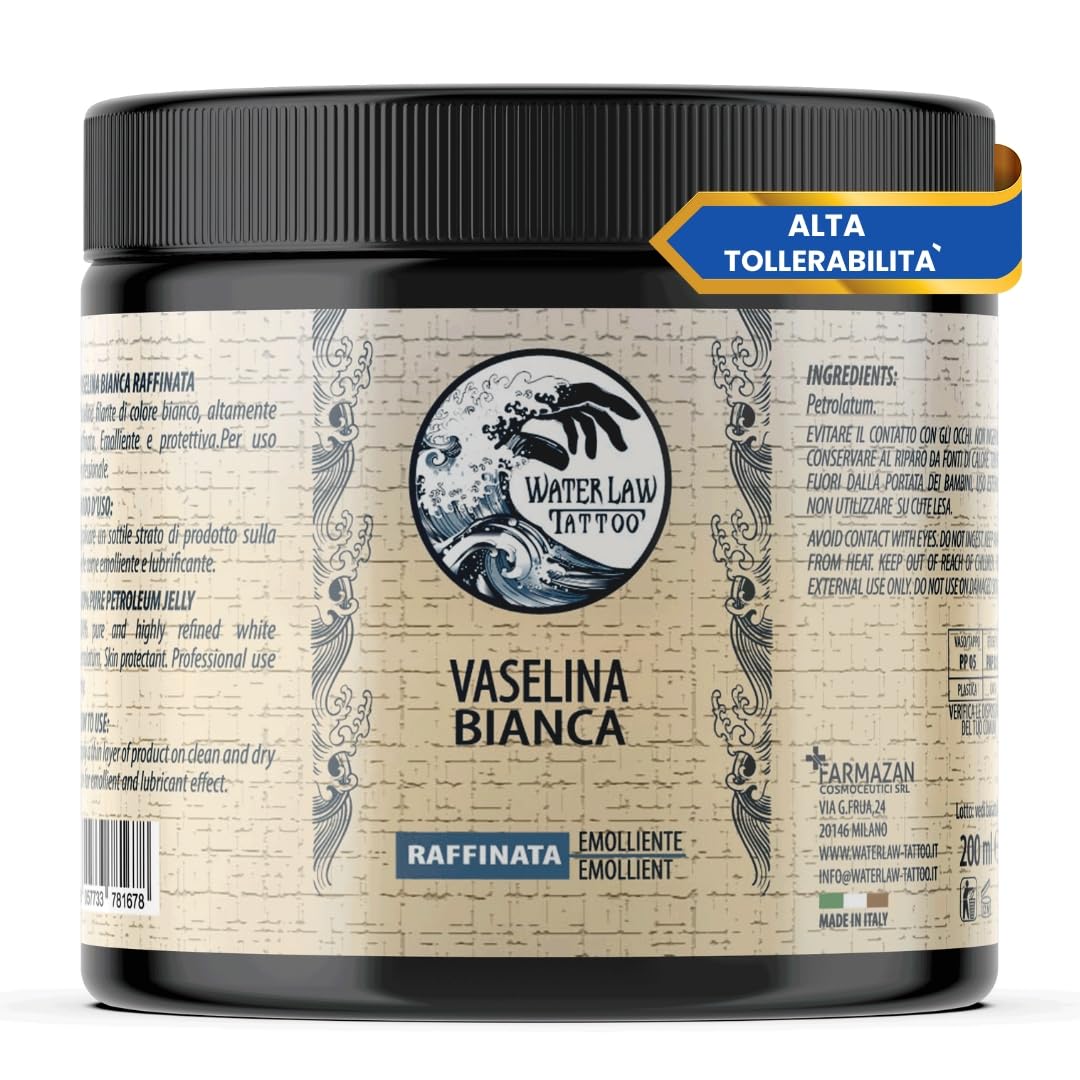 Water Law Tattoo Vaselina Bianca 200ml, Vaselina Pura Altamente Raffinata, Vaselina Tattoo Professionale, Emolliente, Lubrificante, Protettiva, Senza Profumi o Coloranti, Made in Italy