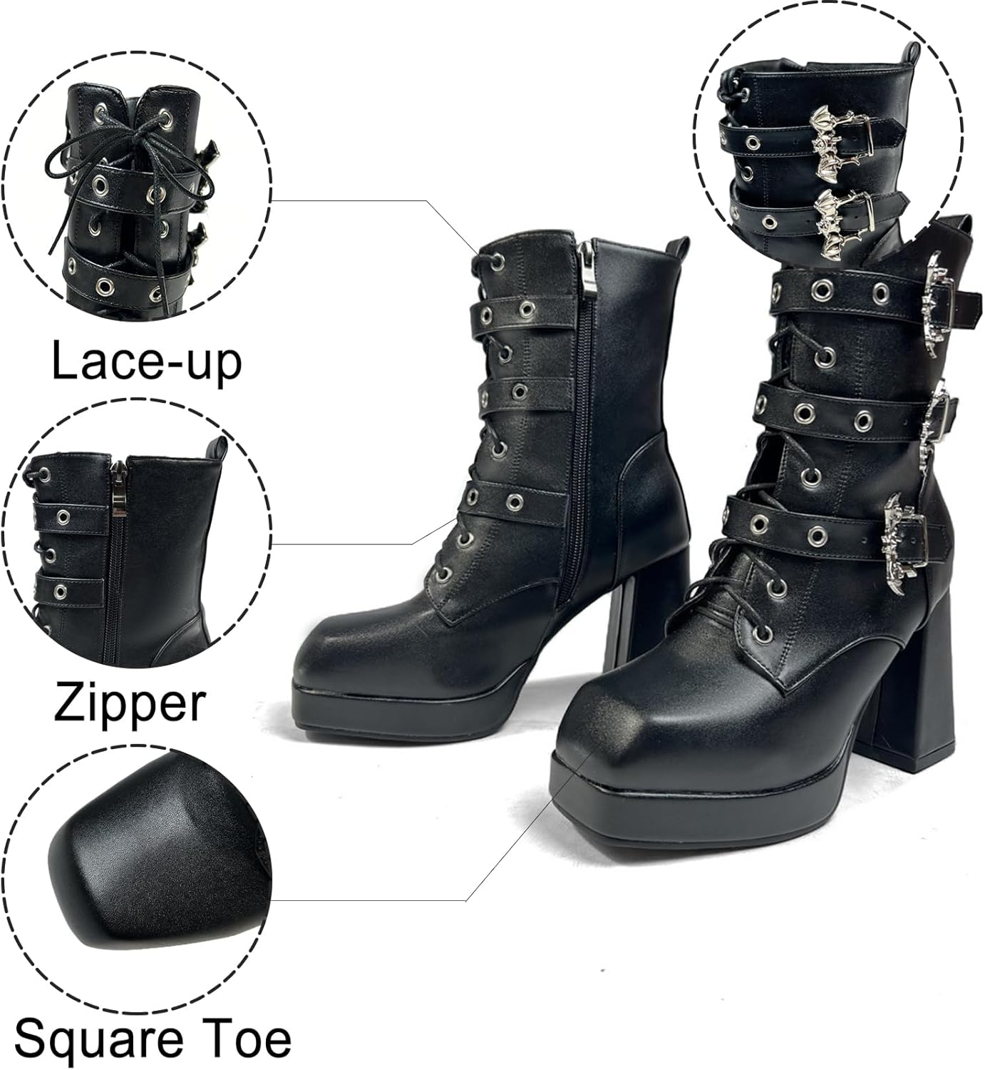 Platform Boots For Women Black Chunky Boot Goth Ankle Booties Bead Lace Lolita Dress Shoes With Zipper - Image 5
