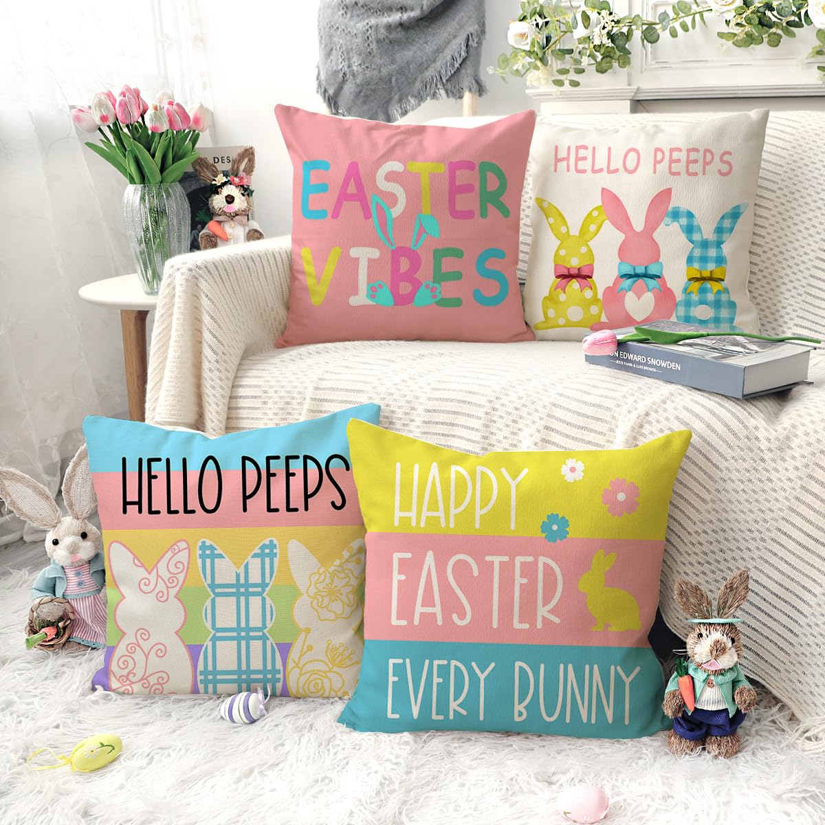 4TH Emotion Easter Throw Pillow Covers 18 x 18 Inch Set of 4, Hello Peeps Bunny Spring Farmhouse Holiday Colorful Cushion Case for Home Sofa Couch Decoration TH175 1