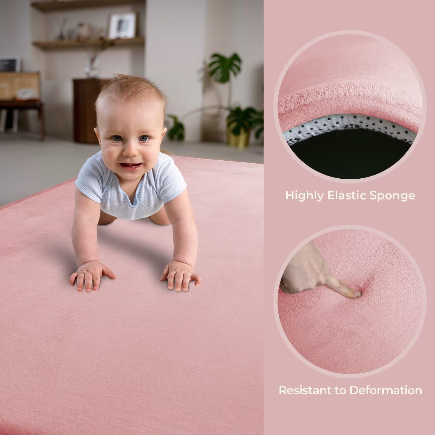 Krabbelmatte Baby, 3CM Dicker Spielmatte Baby (Rosa, 160x160CM) | Luxuriöser Komfort, Langlebigkeit, Haarabweisendes Enges Geflecht, Rutschfeste Unterseite, Weich Babyteppich für Schlafzimmer