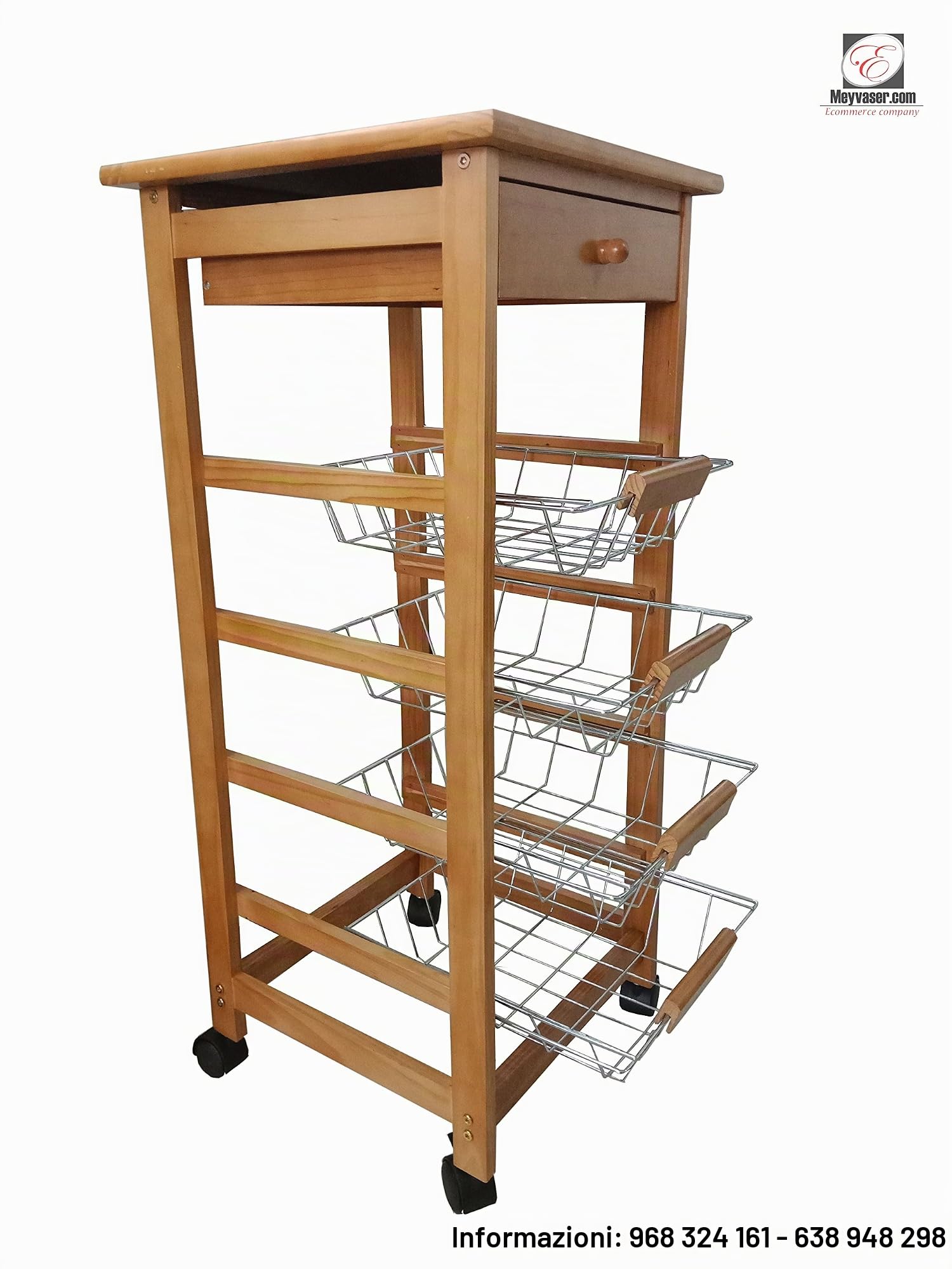Meyvaser Carrello da cucina in legno, Carrello da cucina con ruote salvaspazio, 1 cassetto e 4 vassoi in metallo 85x37x37 Cm Colore Miele