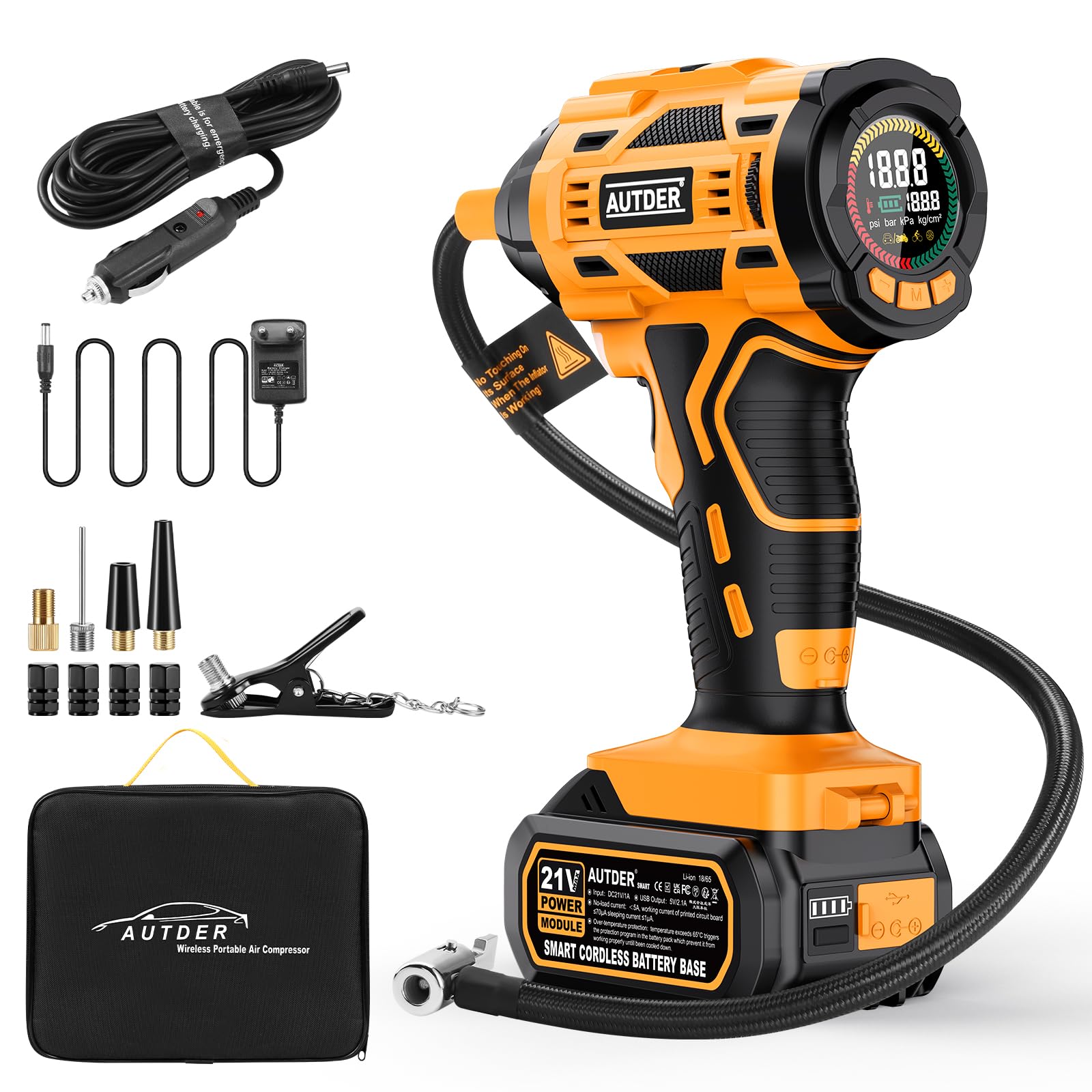 AUTDER Inflador Neumáticos 180PSI, Compresor Portátil Coches/Motos con Batería 21V Recargable 2000mAh, Autoapagado, Luz LED, Incluye Funda Impermeable, Amarillo Negro