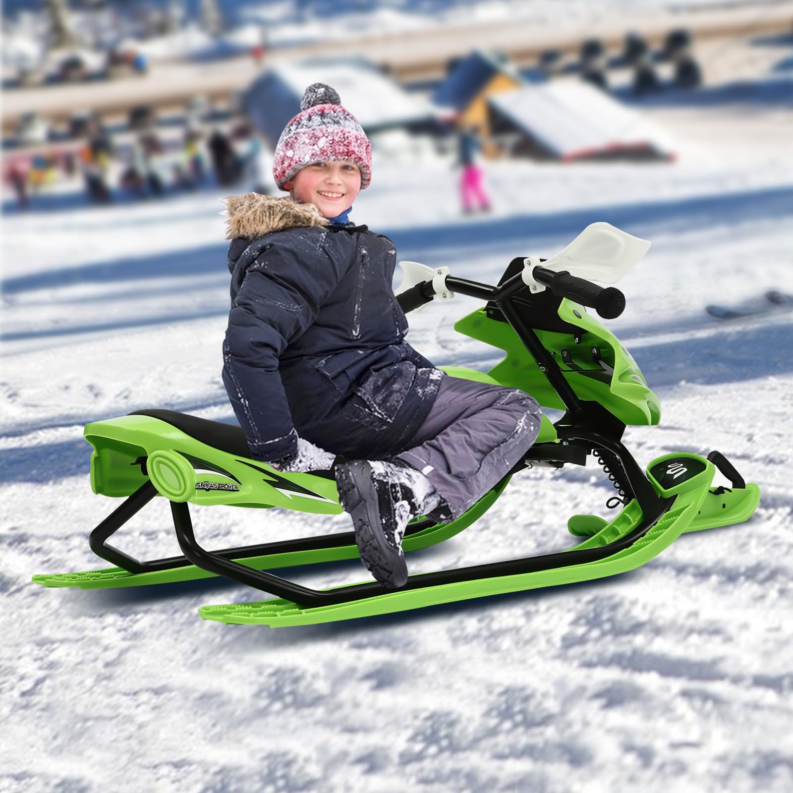 Luge de course avec amortisseur, luge pour enfants avec freins à pied, ski-bob avec corde de traction automatique, snowracer pour enfants et adultes avec direction de patin