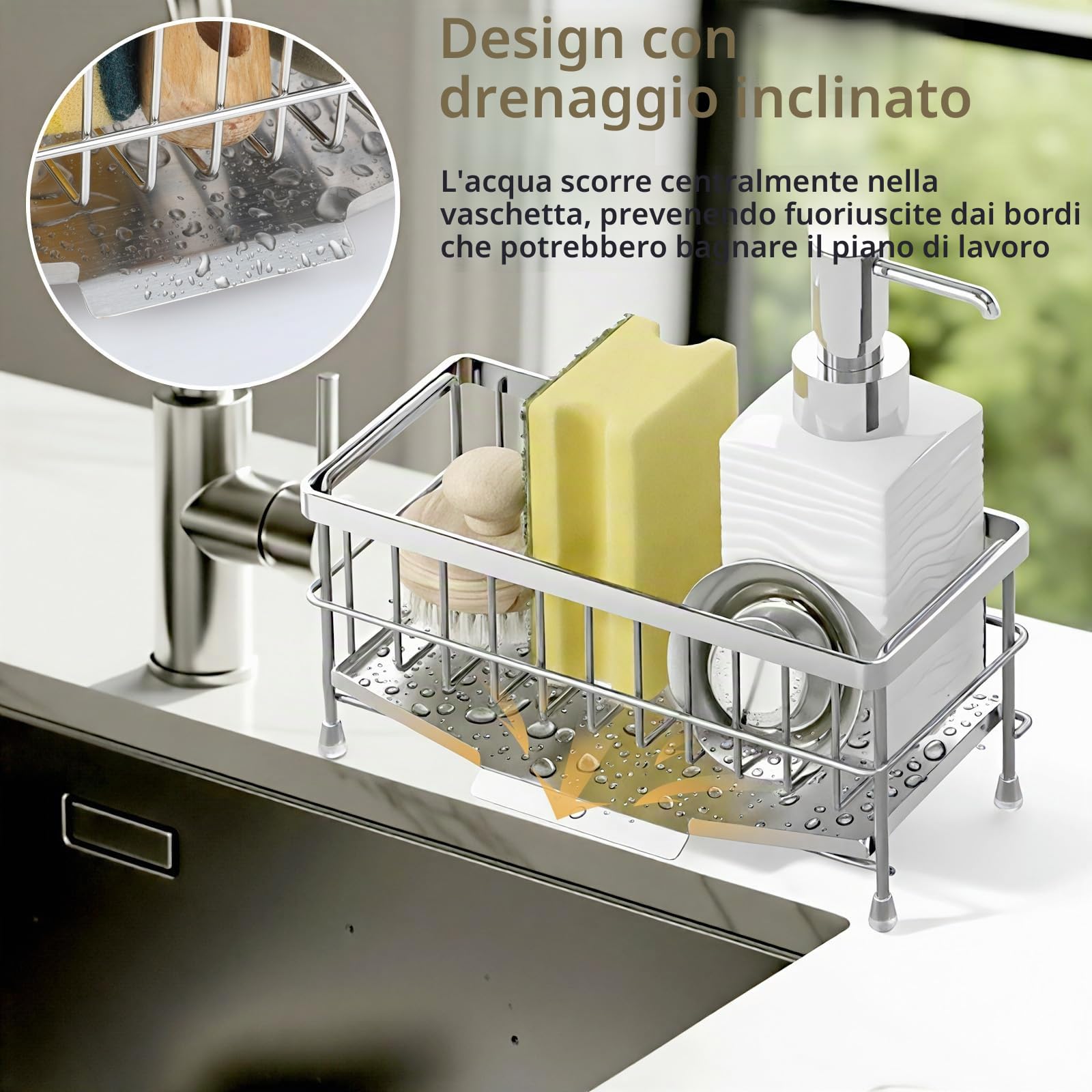 PAVSTINE Porta Spugne Lavello Cucina in 304 Acciaio Inox, Portaspugne per Lavello con Raccogli Gocce Scolapiatti Rimovibile, Portaoggetti Spugne per Cucina Appoggio, Kitchen Organizer Facile da Pulire