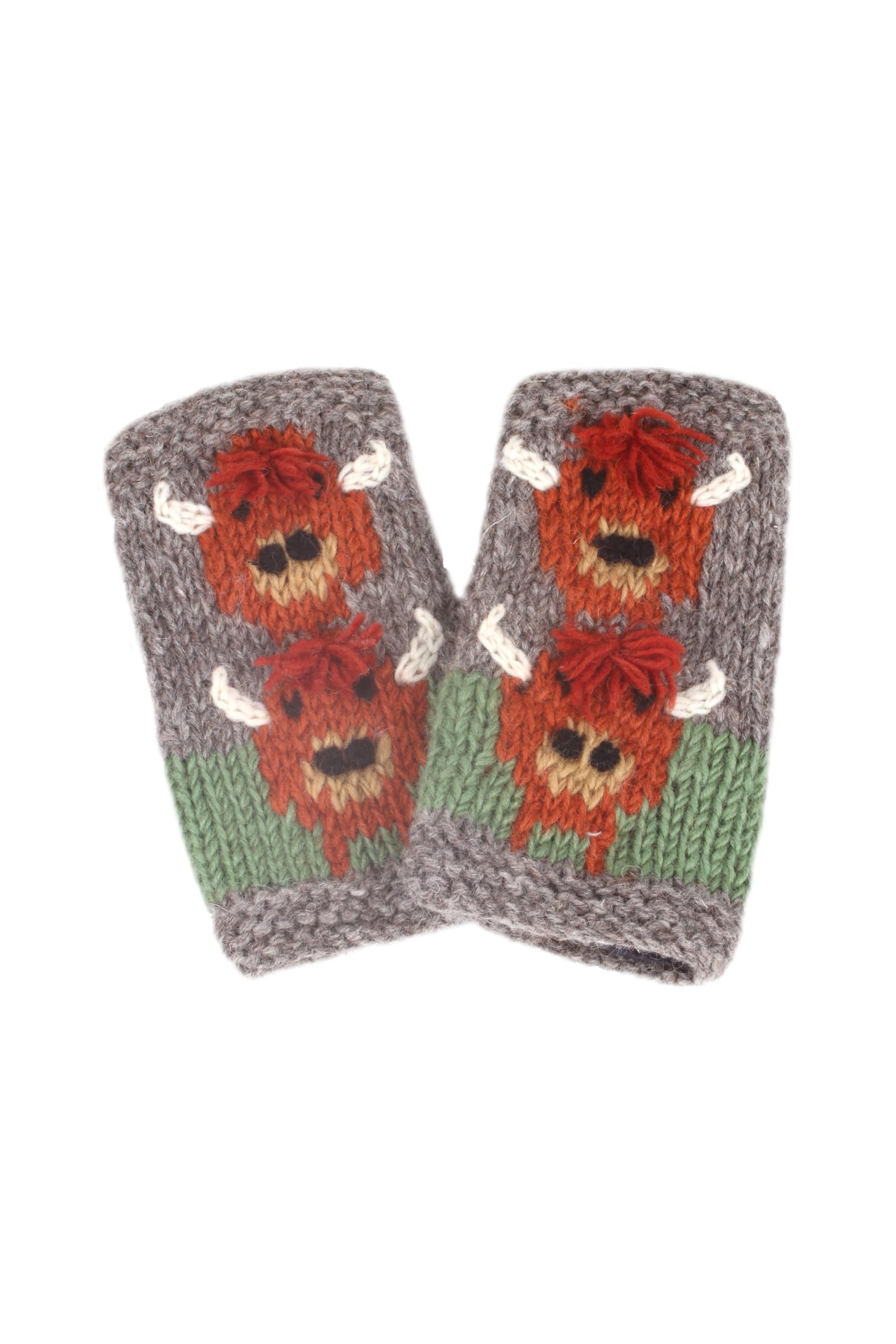 Pachamama Women's Grey Wool Hand Wrist Warmers Jersey Cotton Lined Handknitted Highland Cow Multicoloured One-Size Handmade Fair Trade