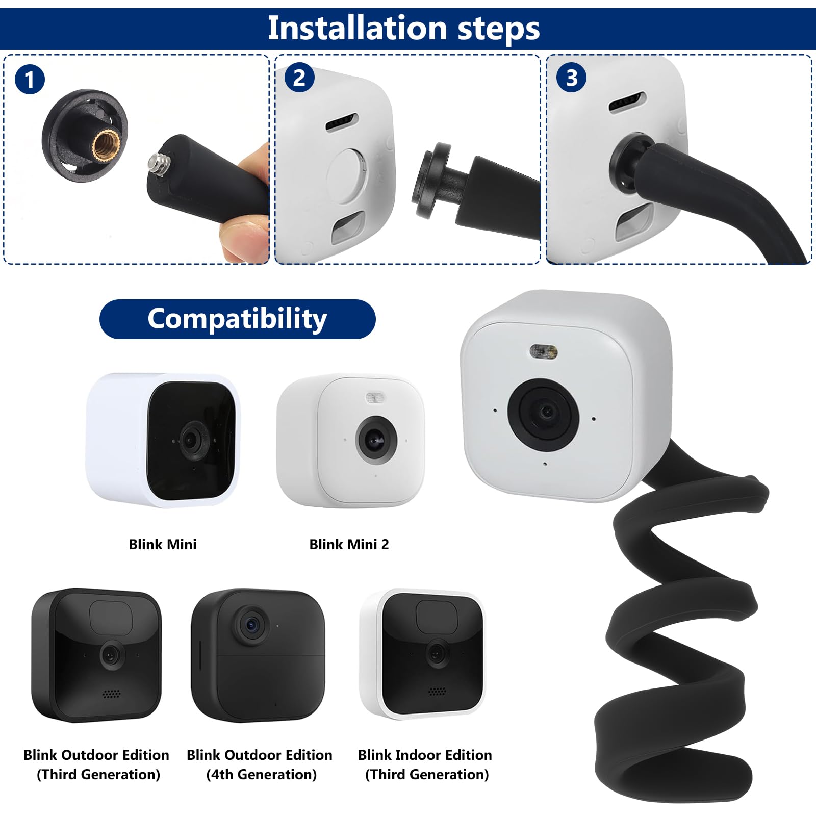 2 unidades de montaje flexible para cámara, soporte giratorio compatible con Blink Mini/Mini 2, Blink Outdoor 4 (4th Gen)/(3ª generación), XT/XT2, cámara interior (2, negro)