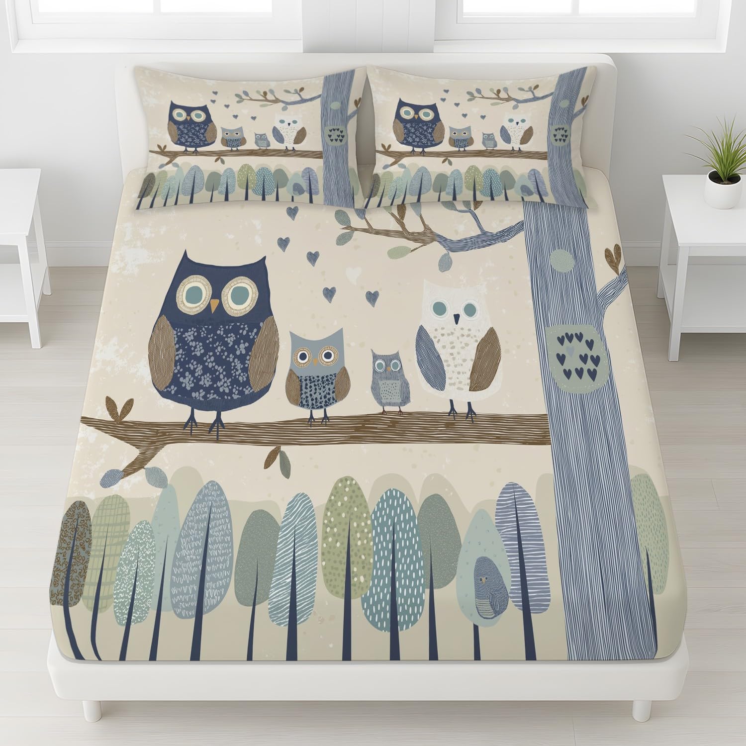 Cartoon Tier Spannbetttuch Verspielt Eule AST Wald Spannbettlaken 200 x 200 x 30 cm 3teilig Mikrofaser Bettwäsche Set mit 2 Kissenbezüge 80 x 80 cm Kein Flachbettlaken