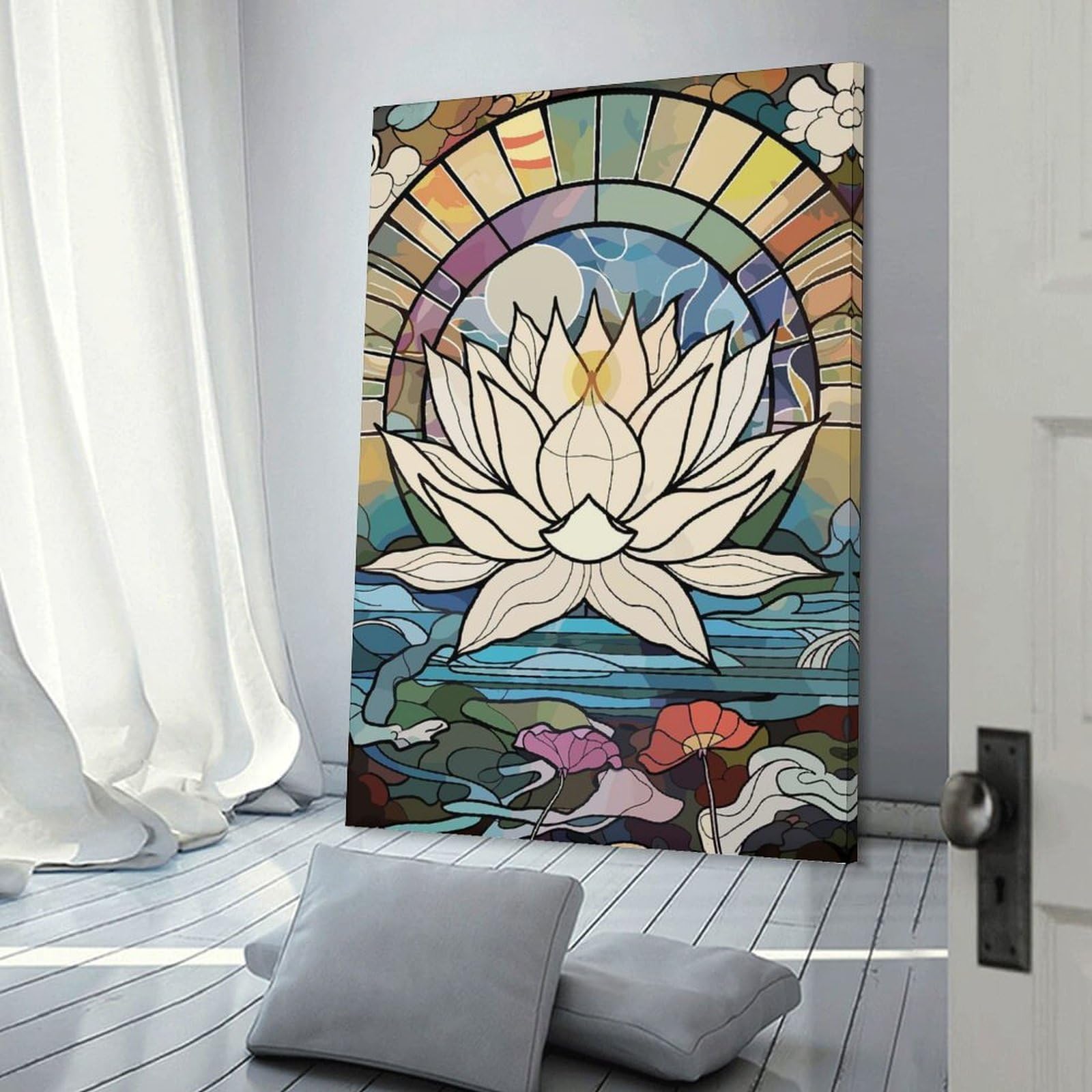 Junmoney Stained Glass Lotus Flower Canvas Art Print, 12x18inch(30x45cm), for Wall Displays, Bedrooms Or Room Updates, Home Wall Art for Statement Displays