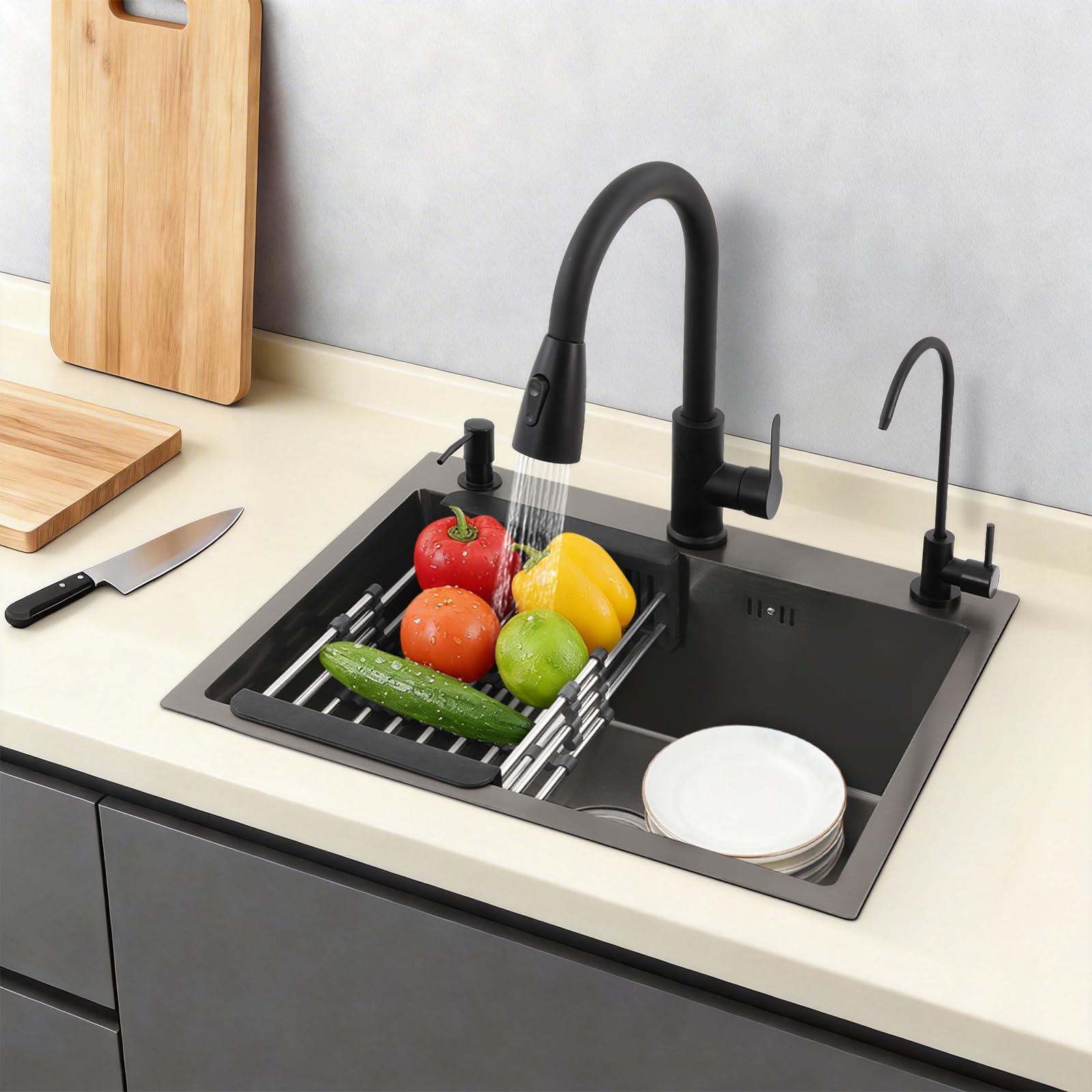 Fregadero de cocina multifuncional de 55 x 45 cm, de acero inoxidable, con grifo extraíble y grifo puro, incluye cesta de desagüe y dispensador de jabón, juego completo (negro)