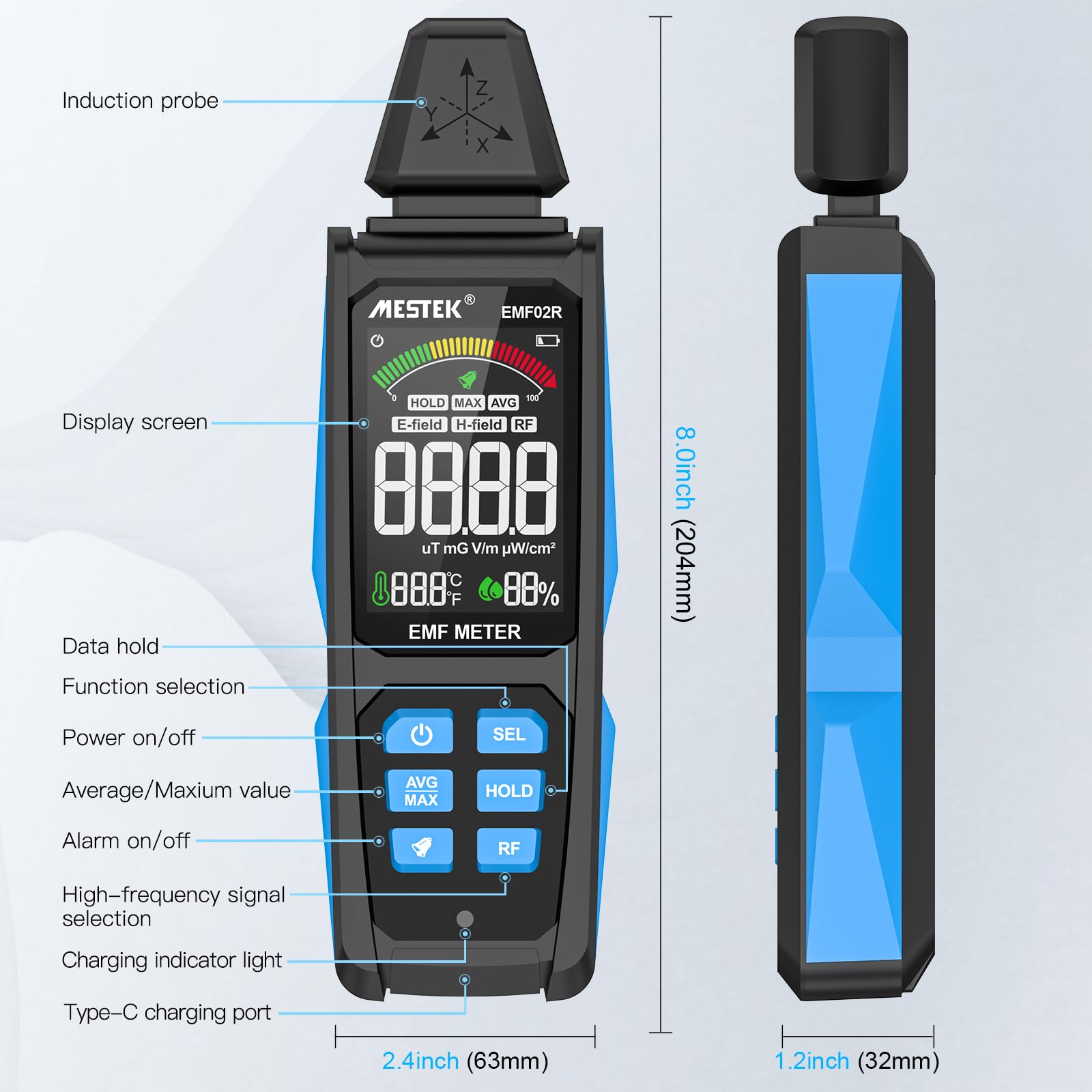 EMF Messgerät MESTEK 5-in-1 EF/MF/Radio-Frequenz EMF Meter, Elektromagnetische Felder Hochfrequenzfeld Strahlung Messgerät, mit Digitaler LCD Wiederaufladbarer für Zuhause, Büro und Outdoor