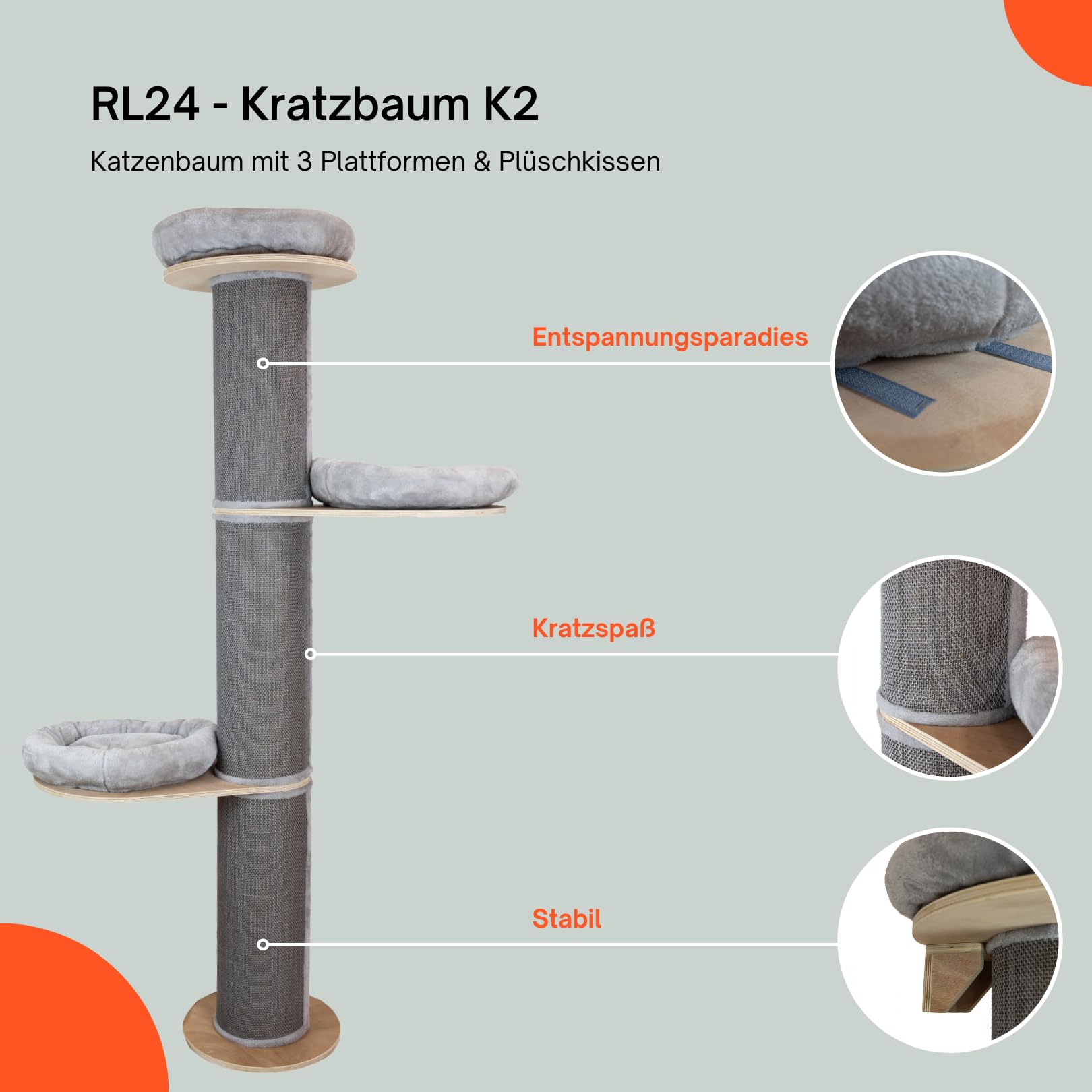 RL24 - Kratzbaum XXL K2 – Katzenbaum – Grau – Höhe 187 cm