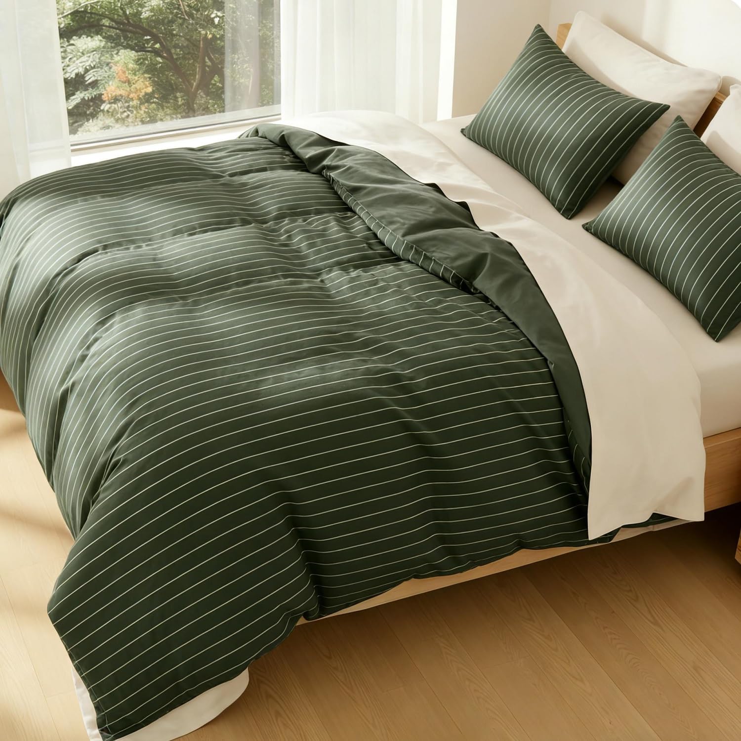 Lanqinglv Gestreift Bettwäsche 135x200 4Teilig Dunkelgrün Streifen Wendebettwäsche,Kuschelig ÖKO-TEX Bettwäsche für Allergiker Geeignet,2 Grün Bettbezug & 2 Kissenbezug 80x80 cm