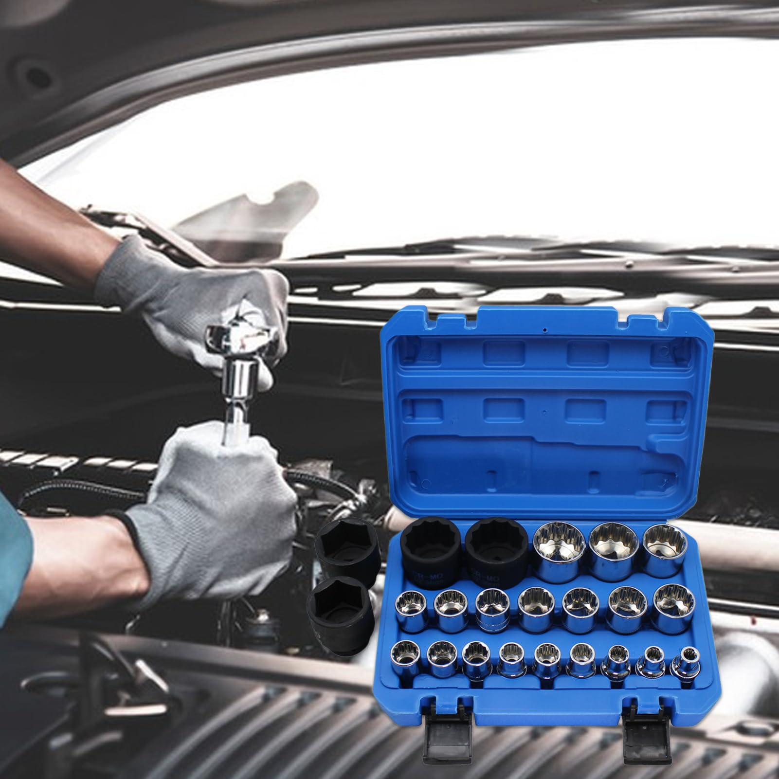 de Clés à Douilles Kit de Maintenance Véhiculaire avec Manchons | Set Antidérapant de 21 Pièces pour Atelier Garage Électrique Ménage Marine Industriel Mécanique Construction