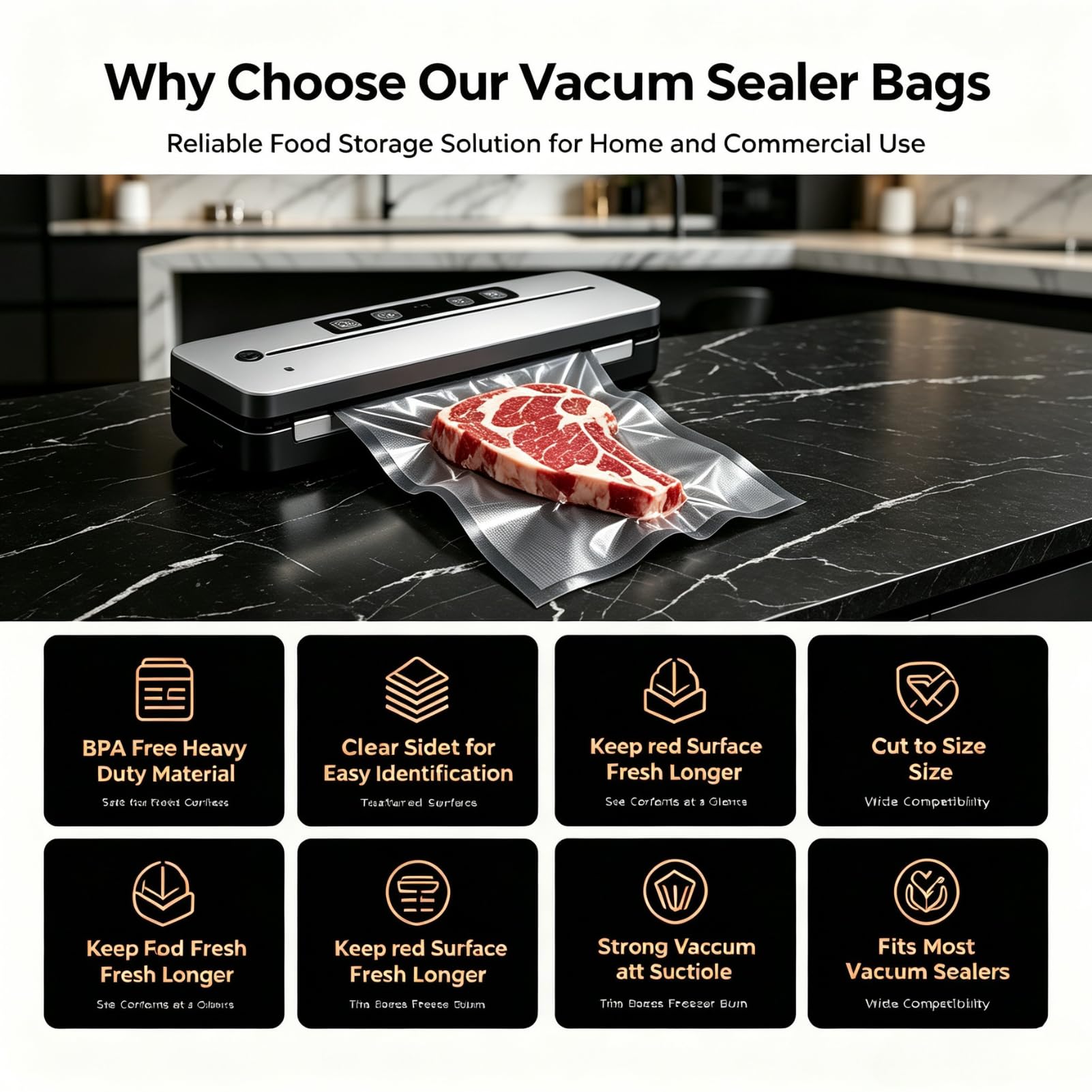 Sacs de rangement sous vide noirs pour aliments frais (25 cm x 15 m)