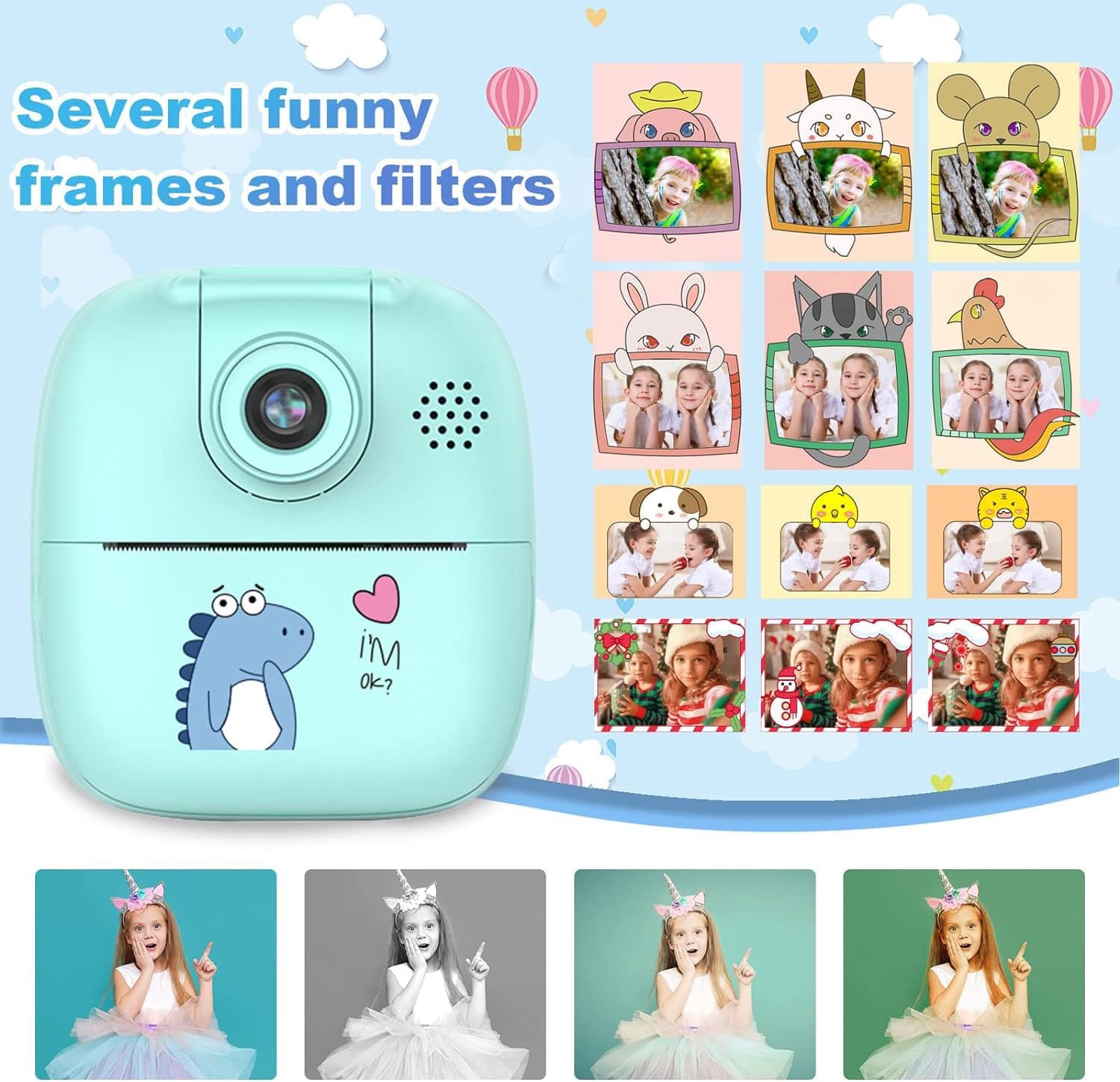 Samip Instant Print Camera for Kids – 24MP Digital Camera with 2″ Screen, MP3 Player, Video Recording, and Fun Print Paper Photos – 32GB Card Supported (Pattern 2) (Gray)