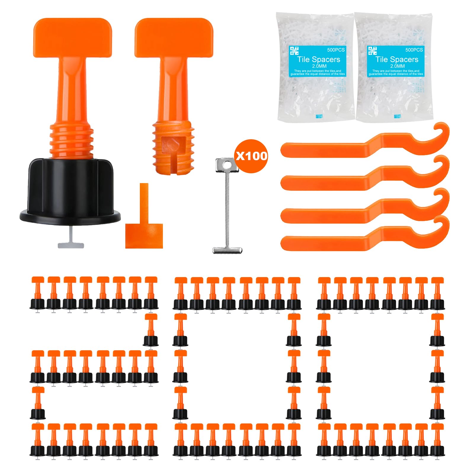 200 de Kit de Nivellement de Carrelage Réutilisable, Niveleur Cale Carrelage, Système pour Outils Construction Murs,1000 Croisillons de carrelage 2 mm, 4 Clés Spéciales et 100 Broches en Acier